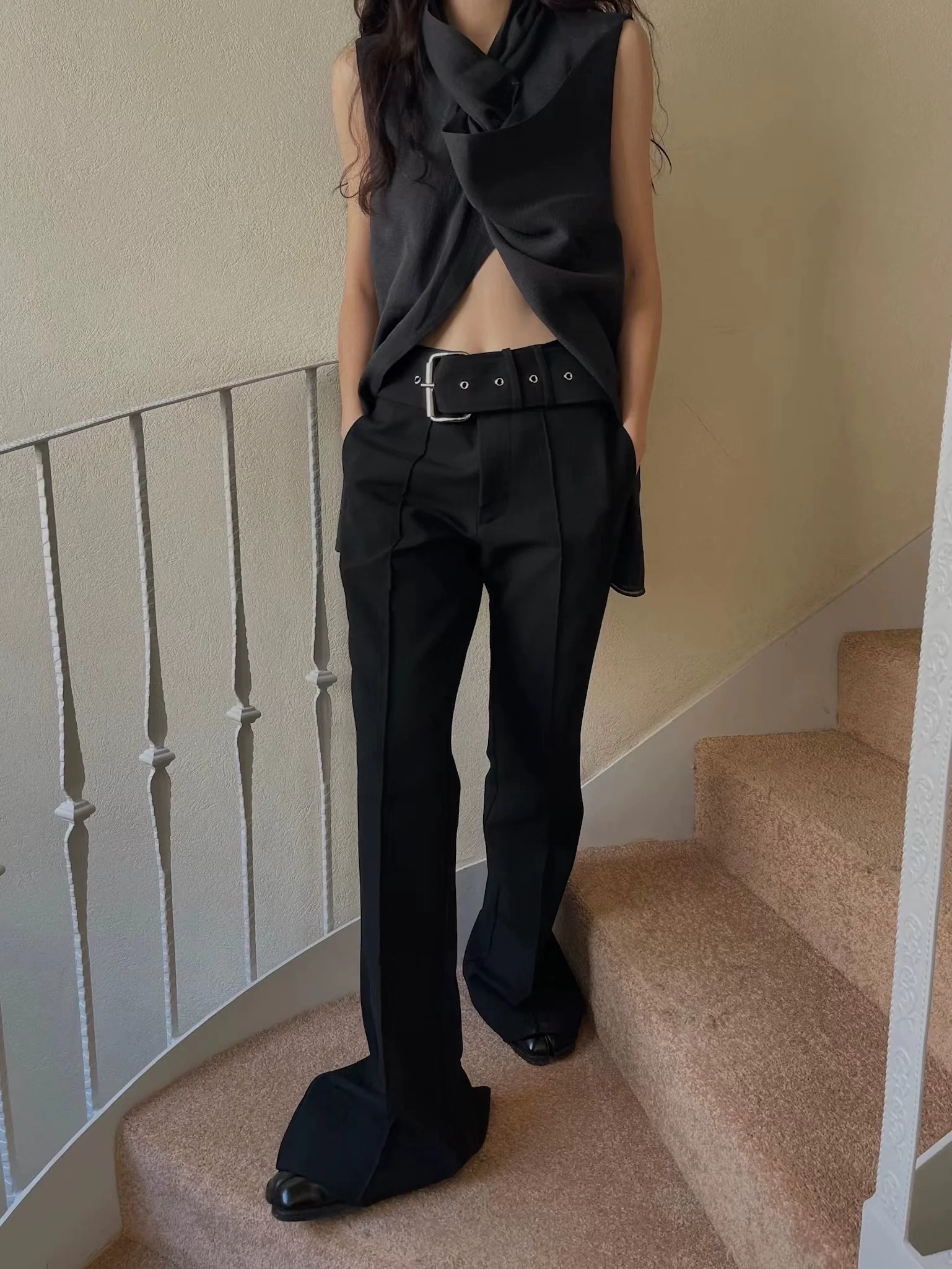 Low-Rise Flared Trousers with Belt - Image 10