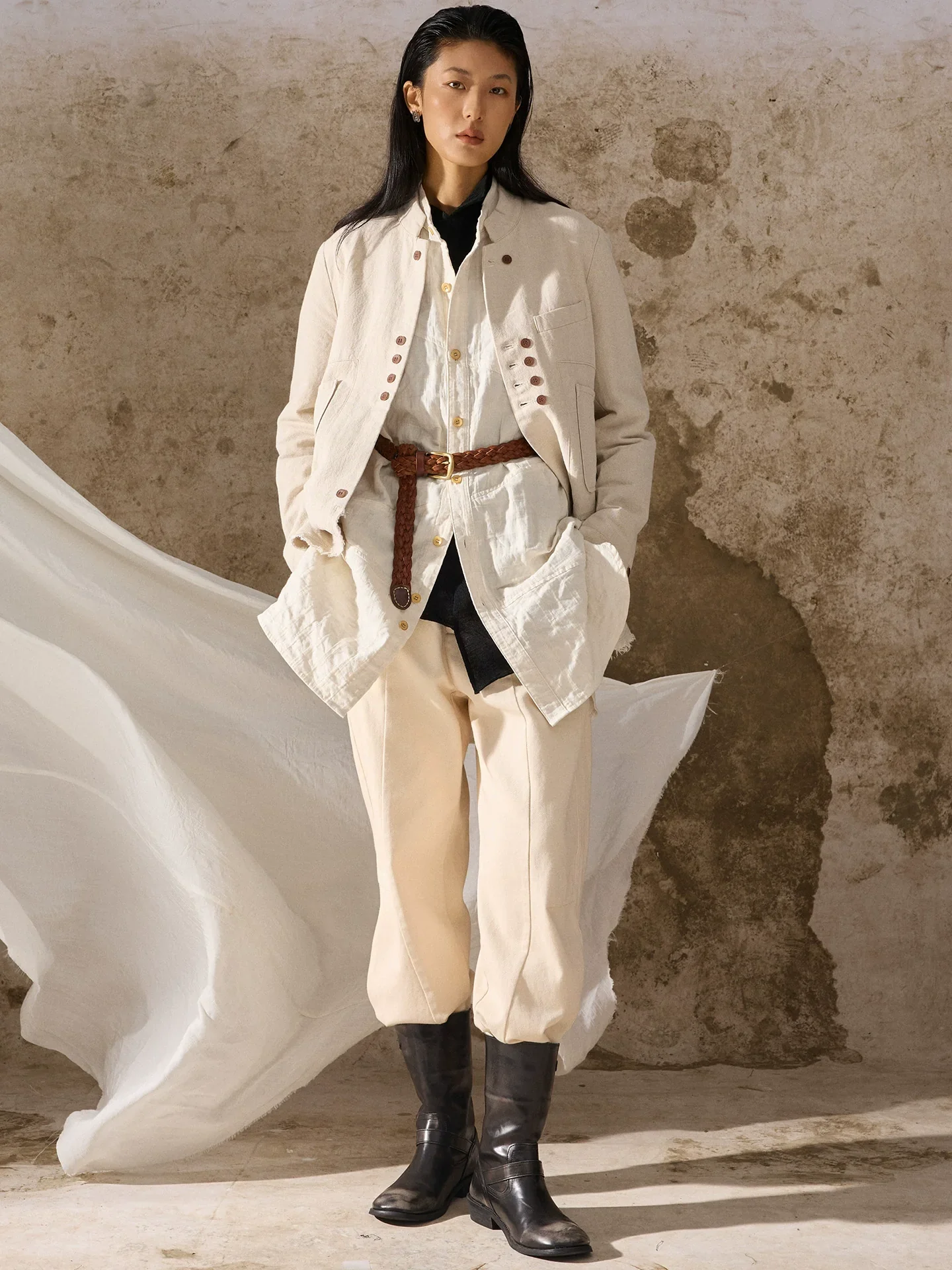 Mandarin Collar Cotton-Linen Jacket