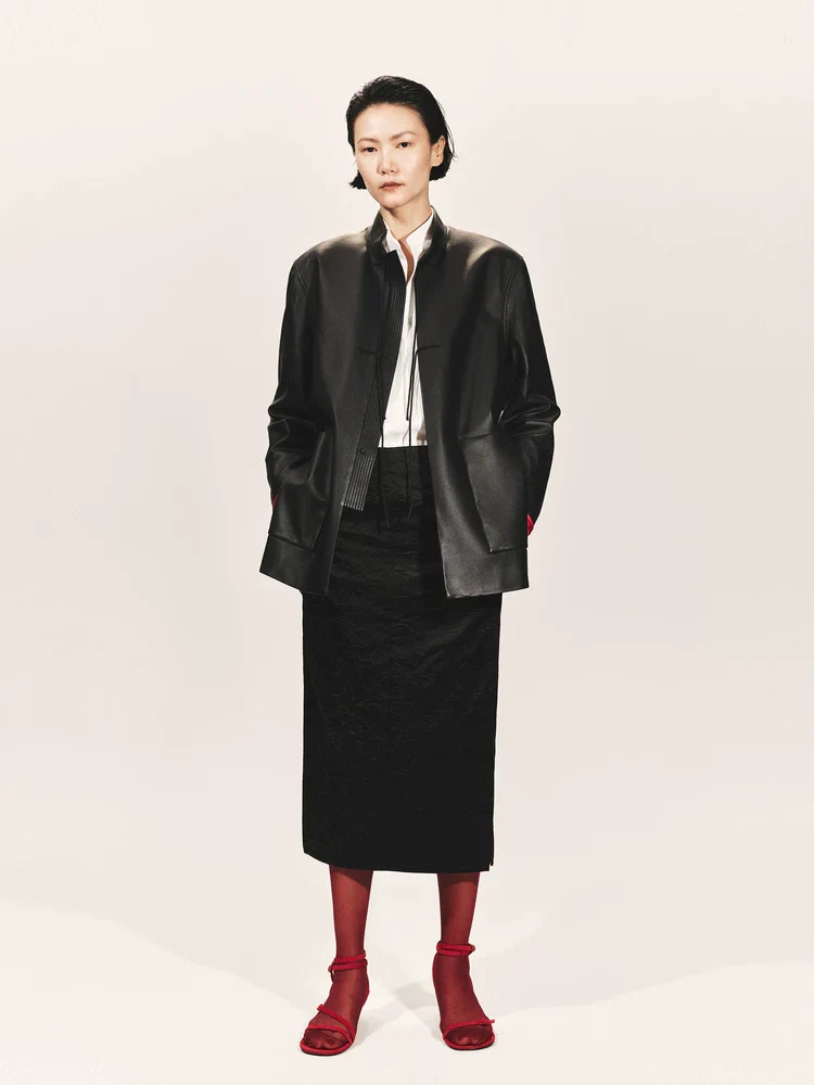 Mandarin Collar Leather Jacket