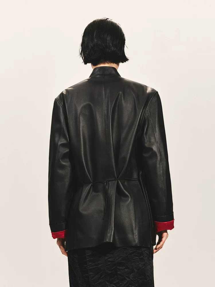 Mandarin Collar Leather Jacket - Image 2