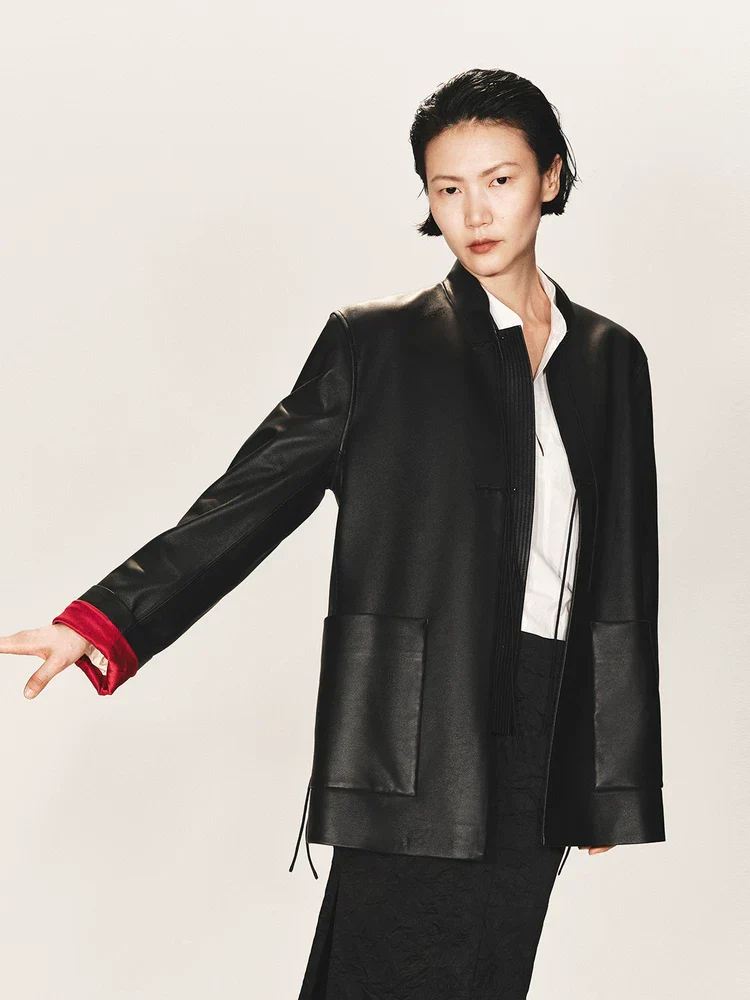 Mandarin Collar Leather Jacket - Image 3
