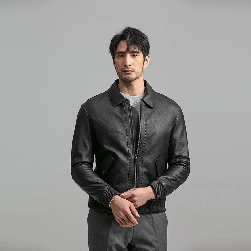 Matte Cowhide Leather Bomber Jacket - Image 3