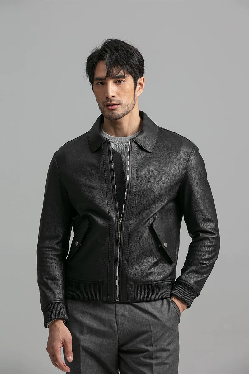 Matte Cowhide Leather Bomber Jacket - Image 6
