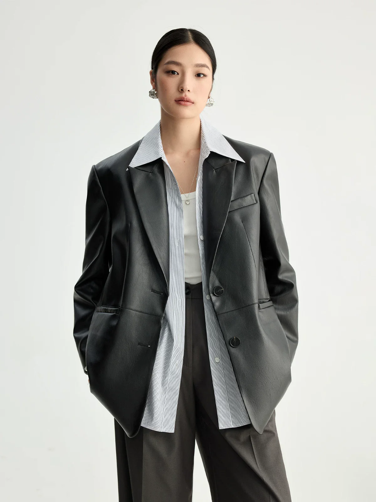 Matte Eco-Faux Leather Two-Button Blazer - Image 2