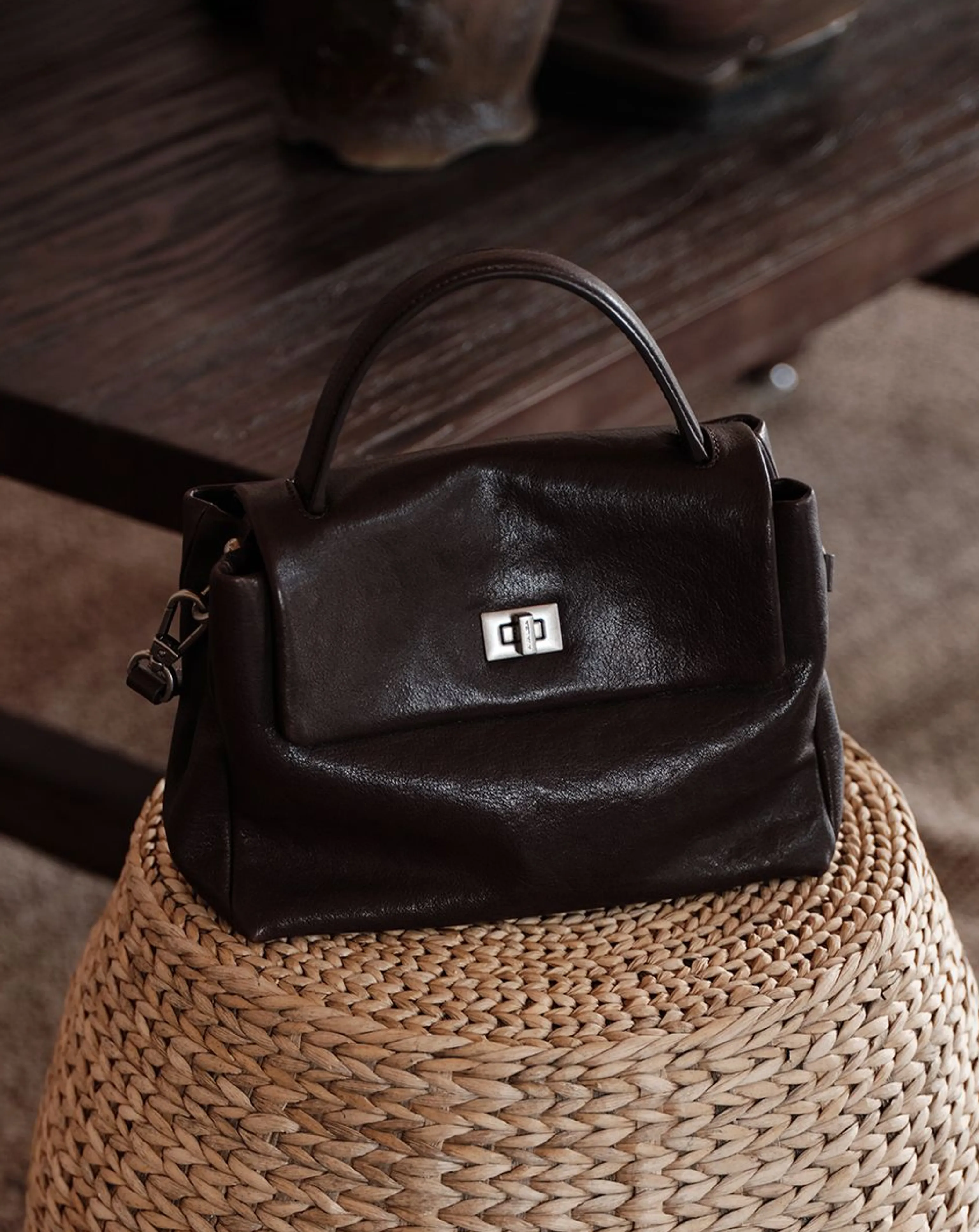 Medium Top-Grain Leather Turn-Lock Bag - Image 7