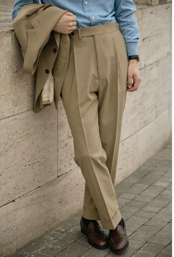 Merino Buckle-Waist Pleated Trousers