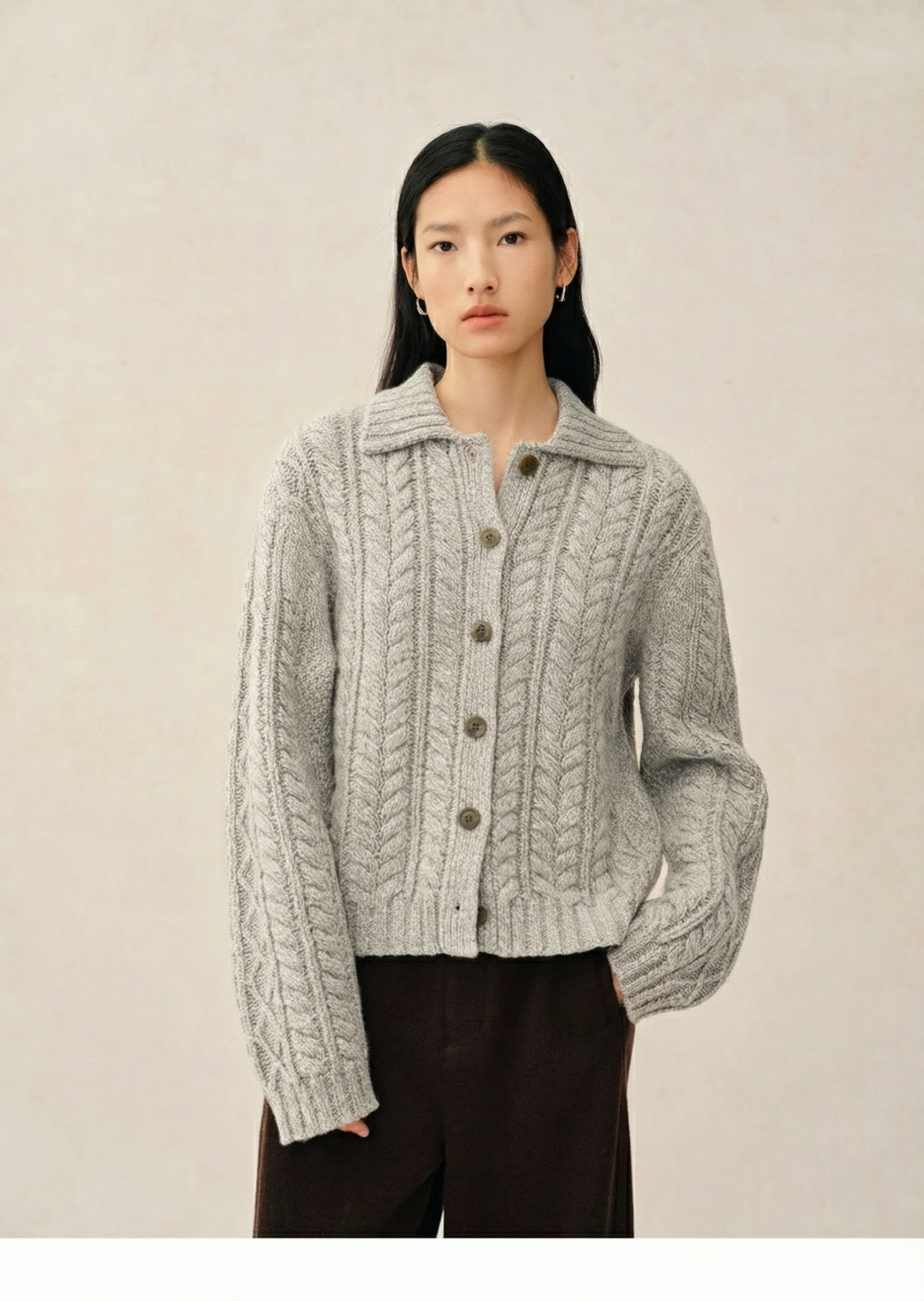 Merino Cable-Knit Collar Cardigan - Image 3