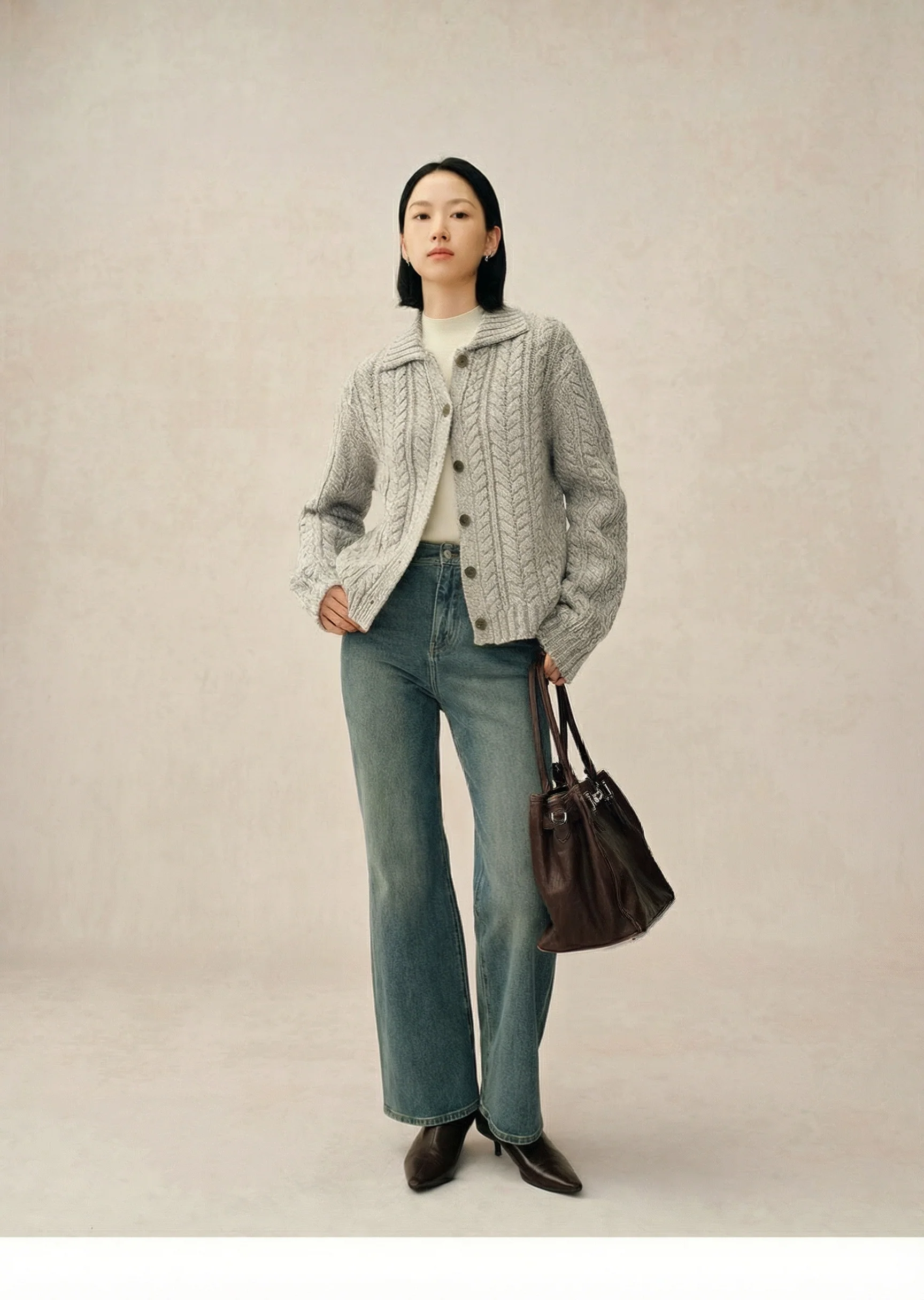 Merino Cable-Knit Collar Cardigan - Image 4