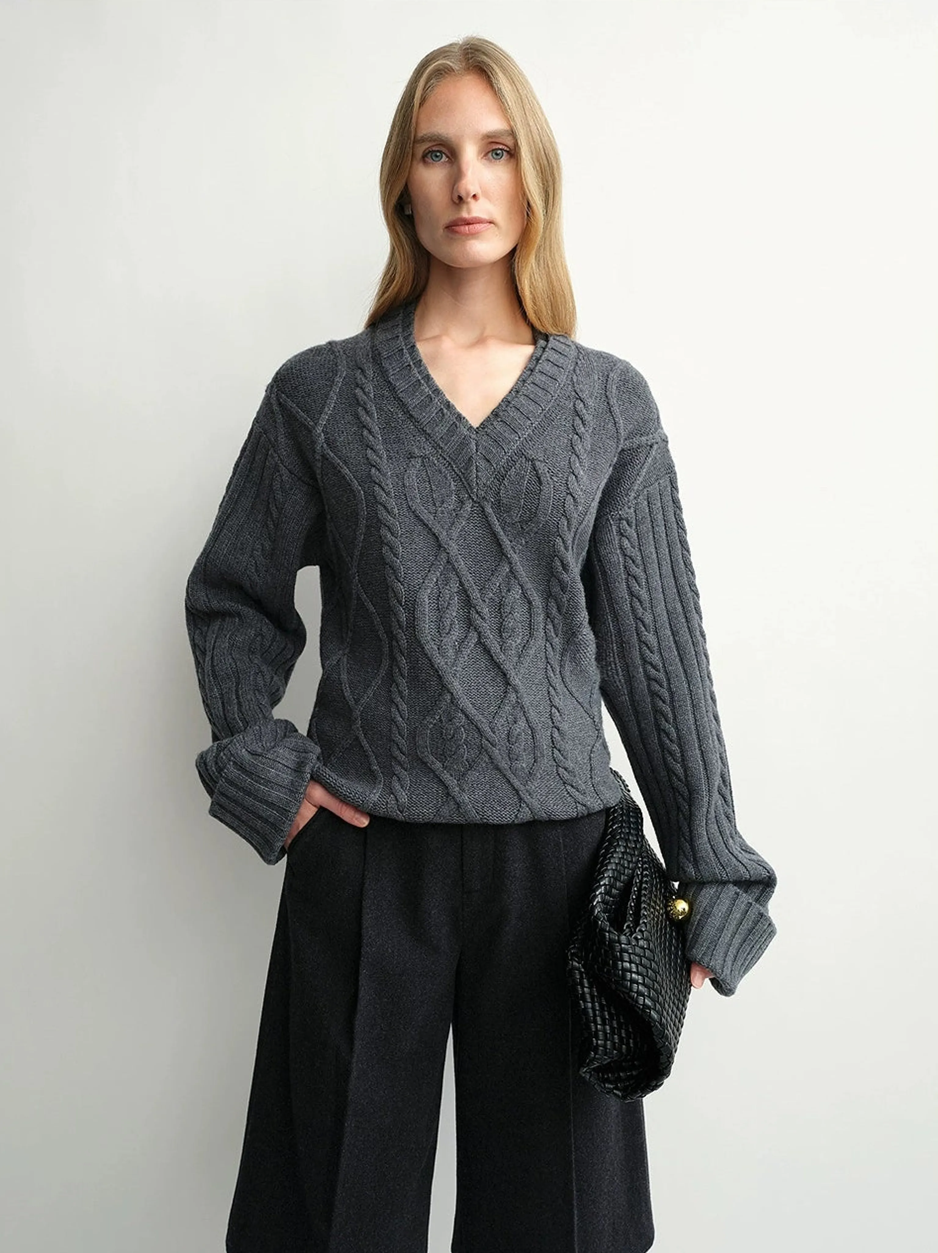 Merino Cable-Knit V-Neck Sweater - Image 7