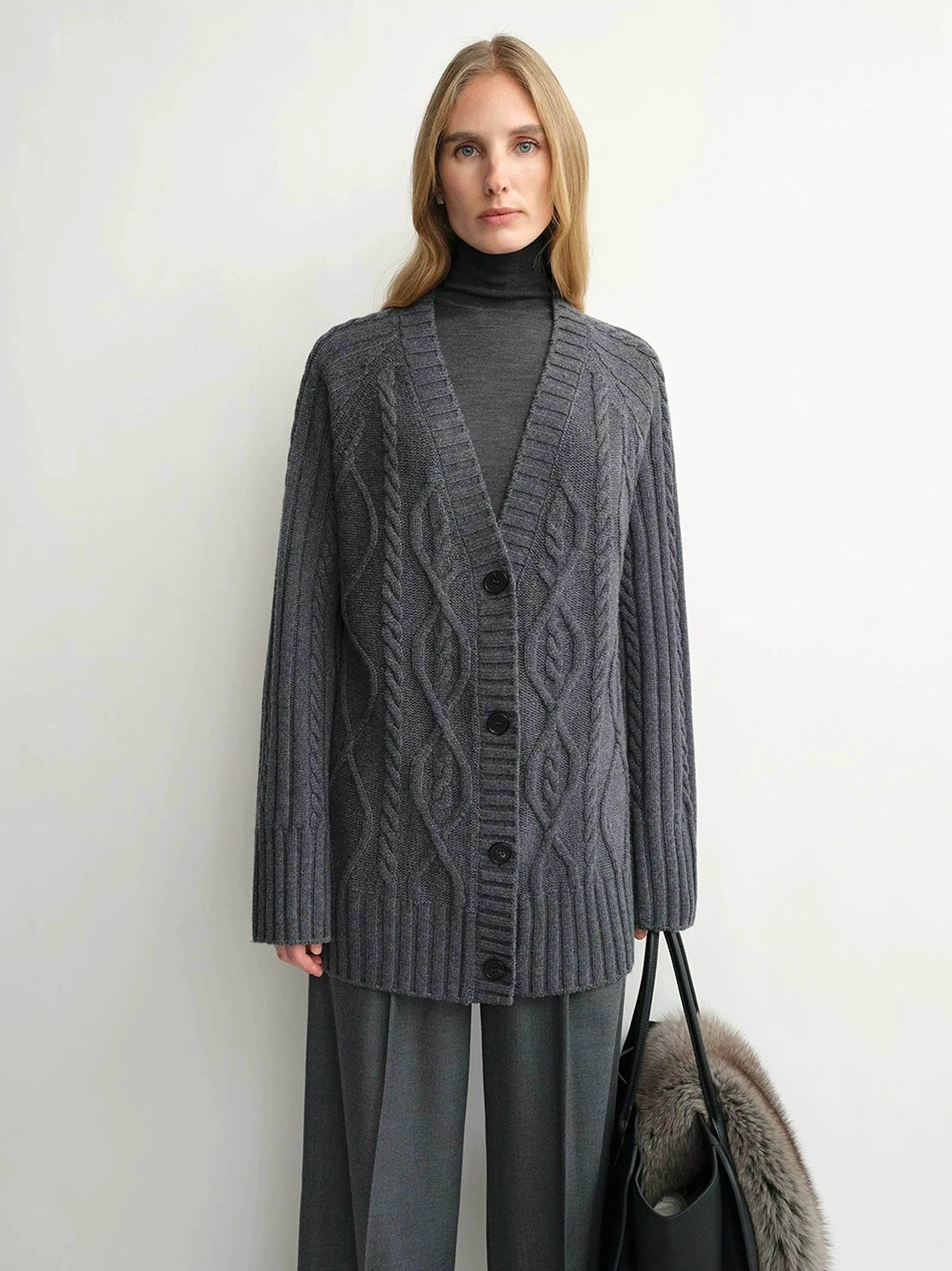 Merino Cable Two-Way V-Neck Cardigan - Image 2