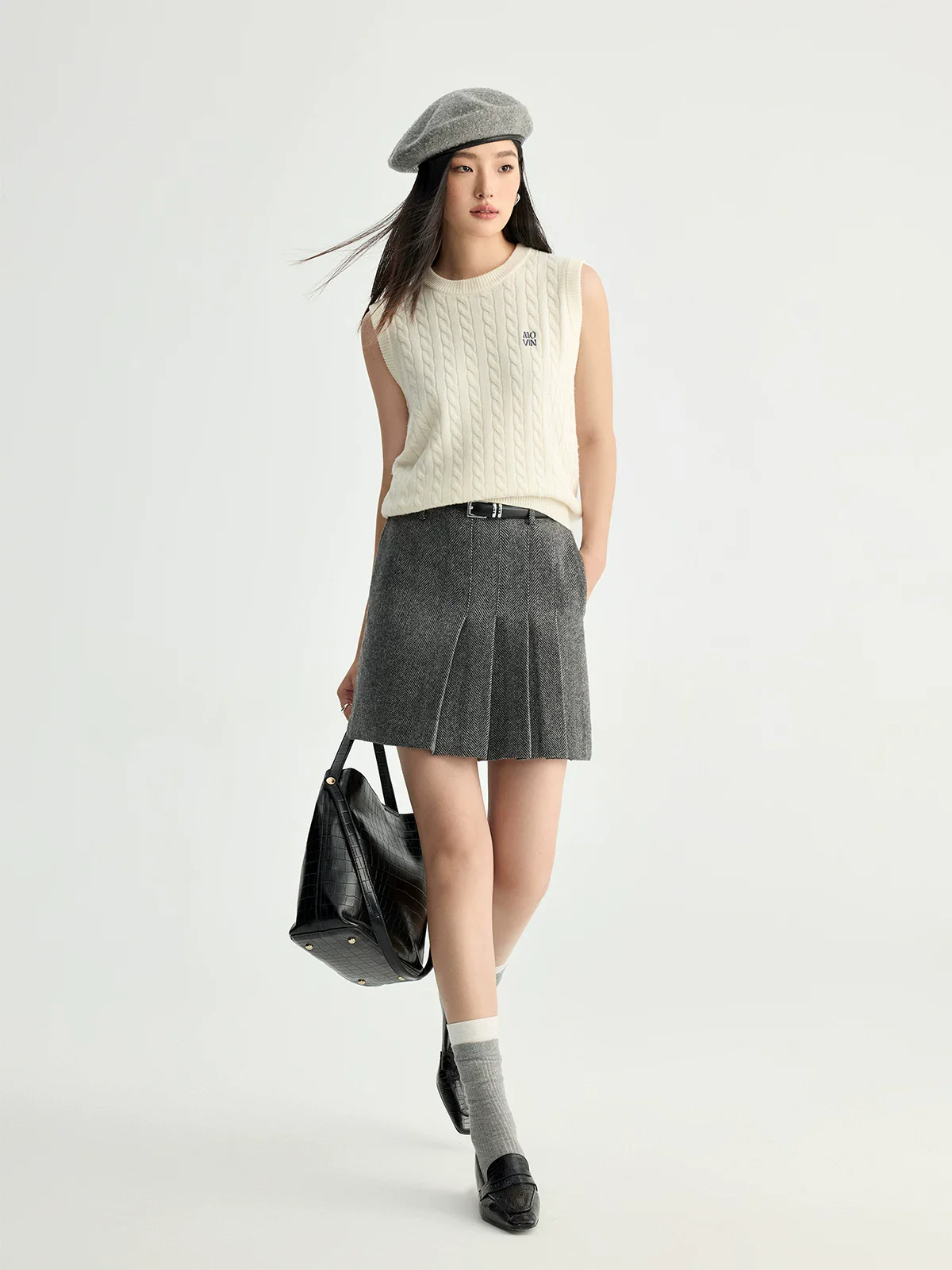 Merino Herringbone Pleated Mini Skirt