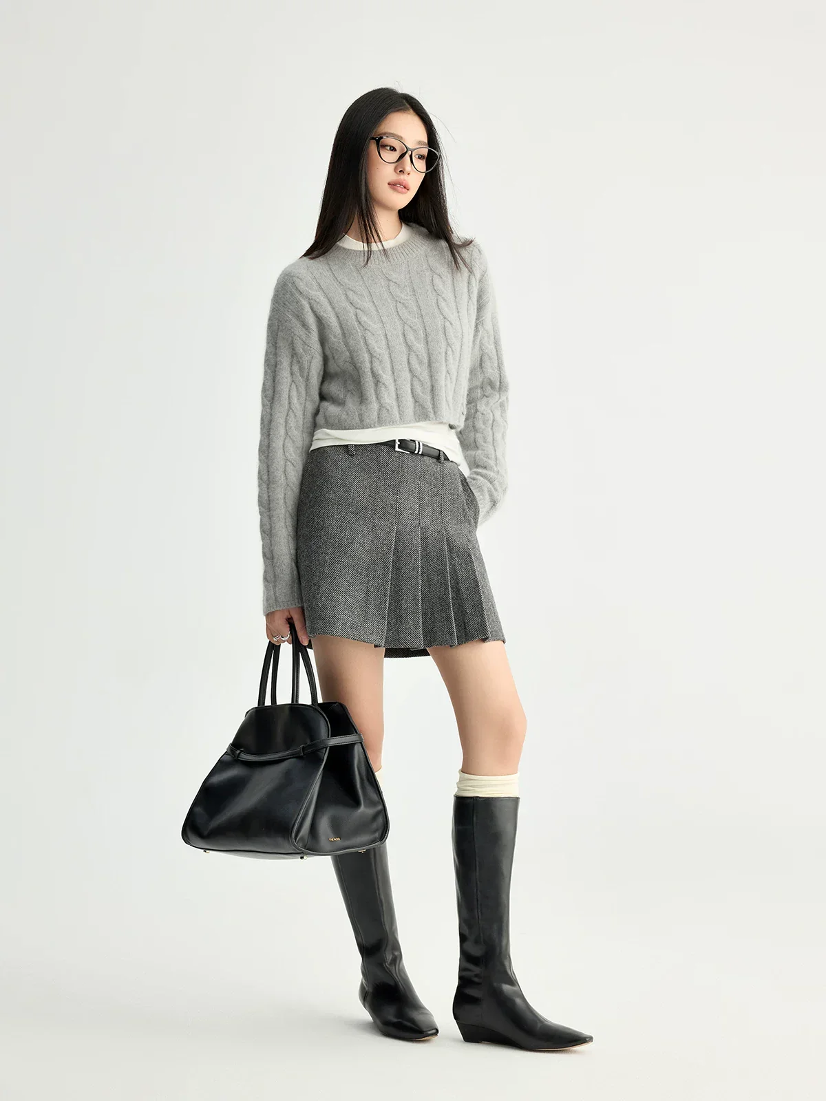 Merino Herringbone Pleated Mini Skirt - Image 2