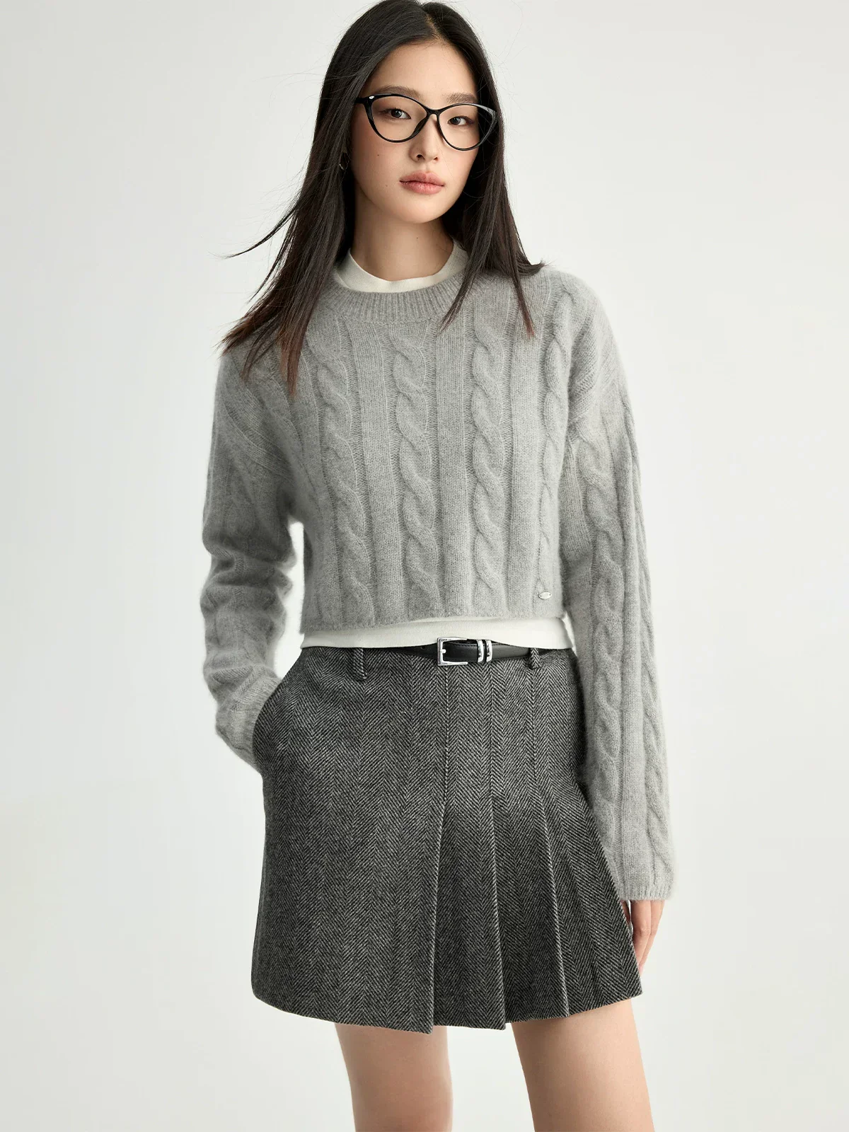 Merino Herringbone Pleated Mini Skirt - Image 3