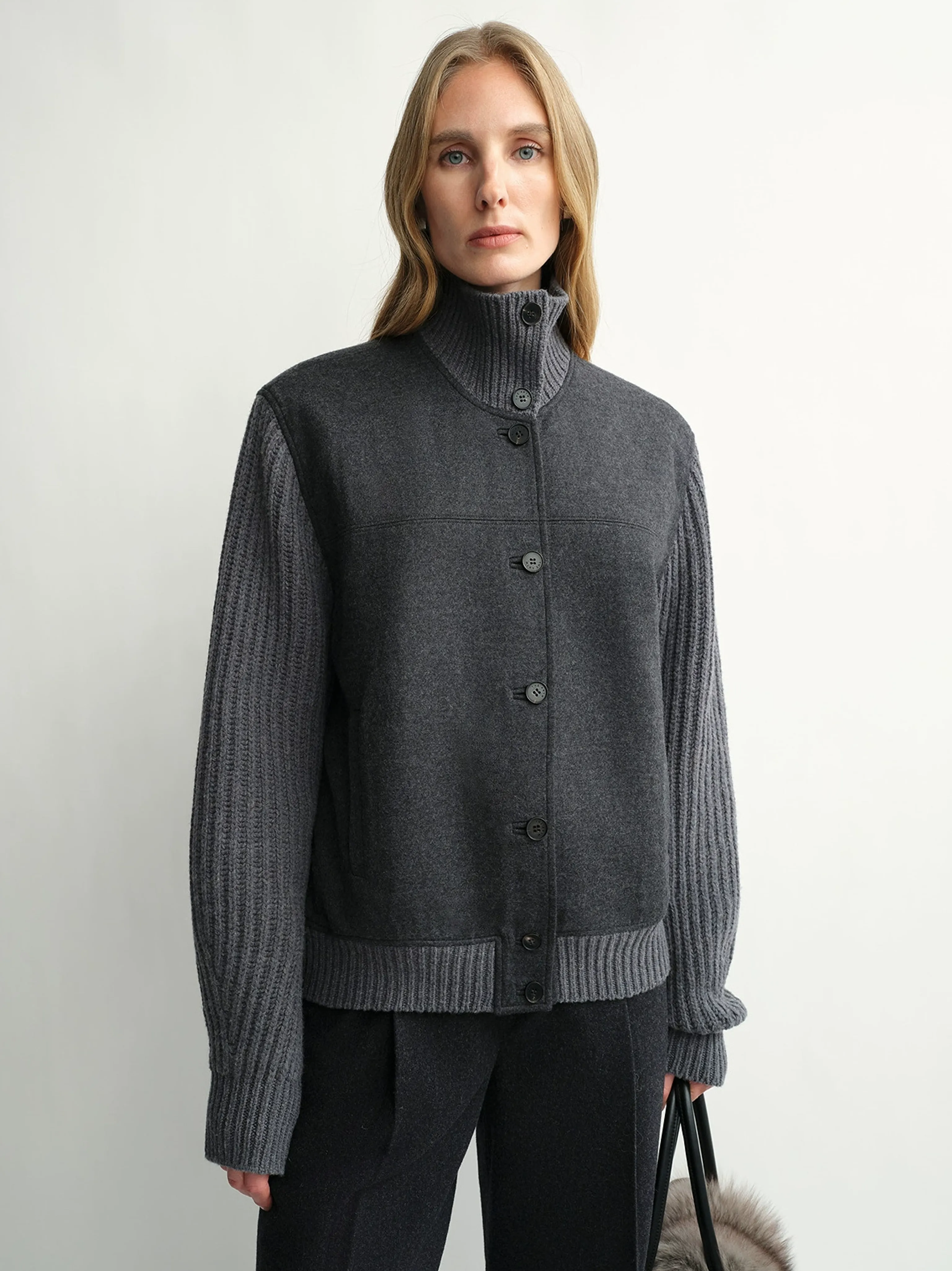 Merino Knit Stand-Collar Jacket with Top-Grain Sheepskin