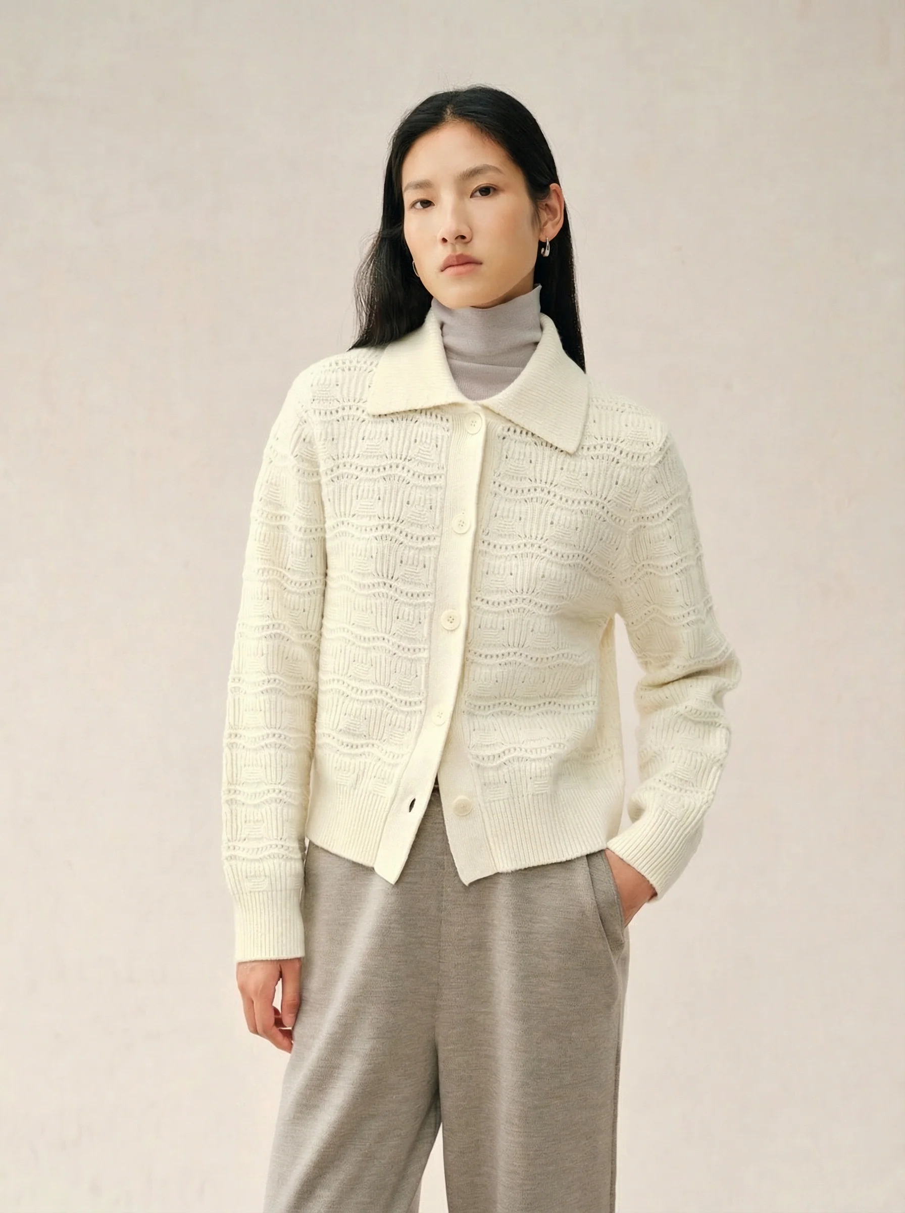 Merino Openwork Collar Cardigan