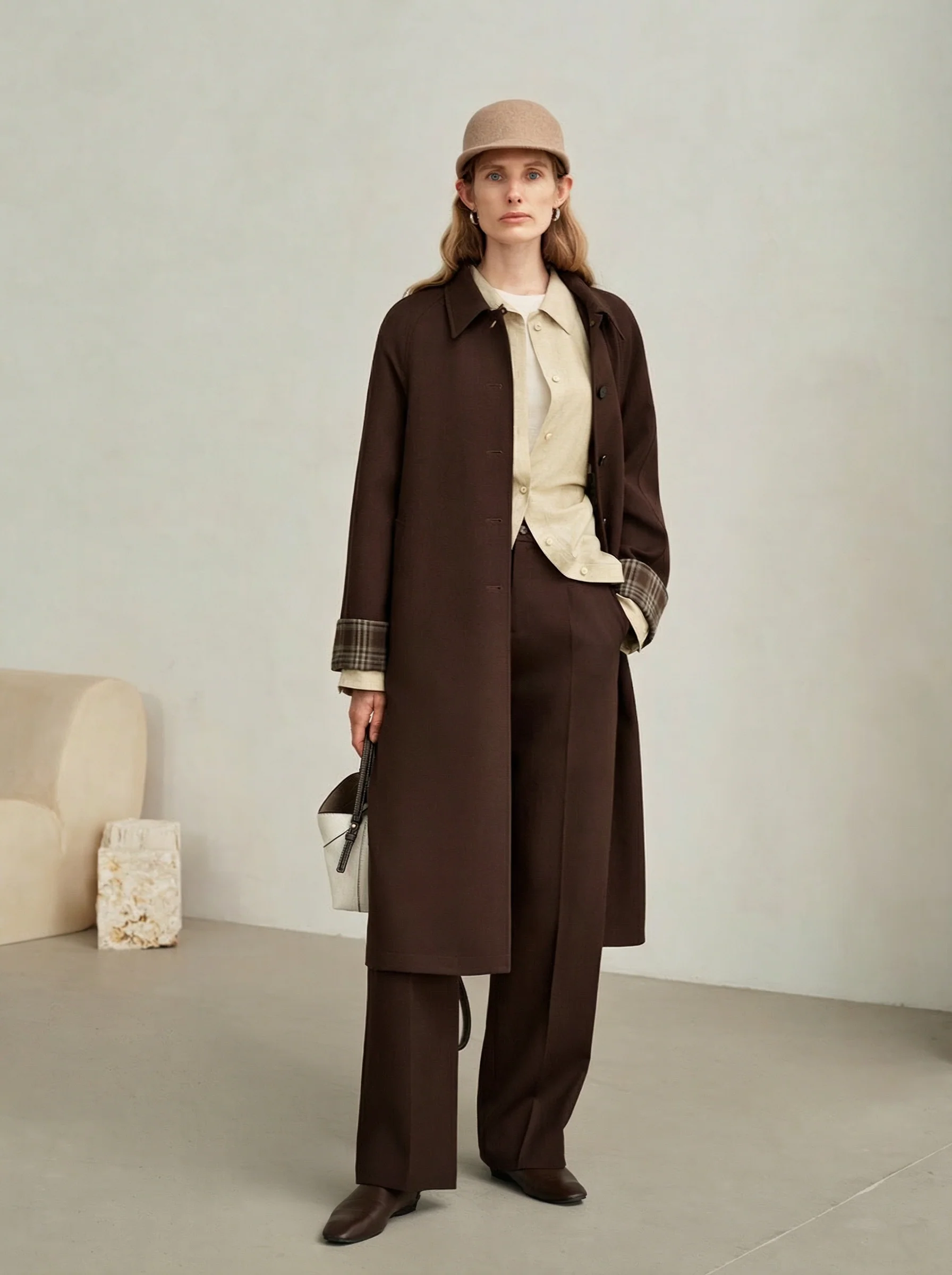 Merino Plaid-Cuff Long Coat