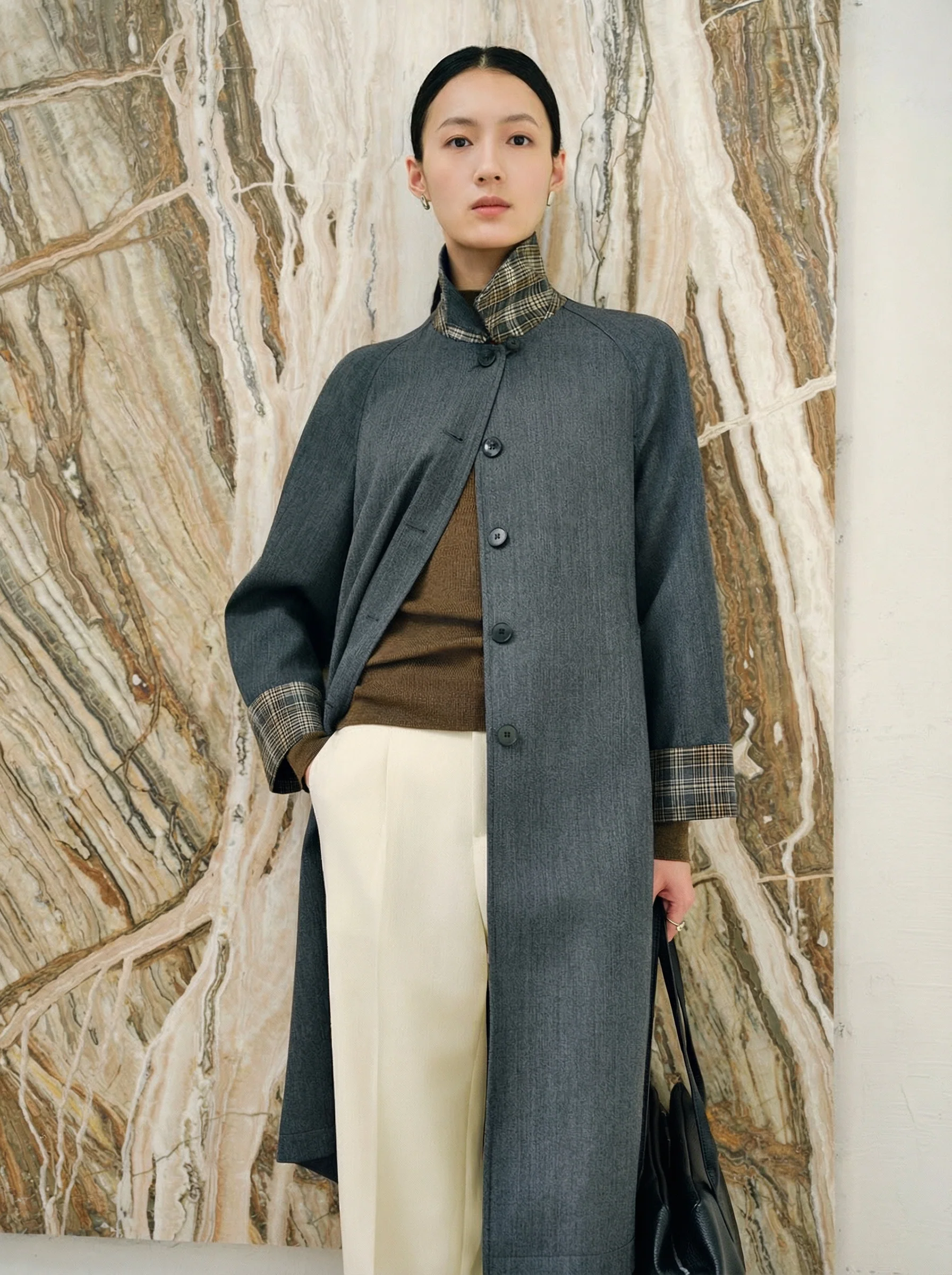 Merino Plaid-Cuff Long Coat - Image 2