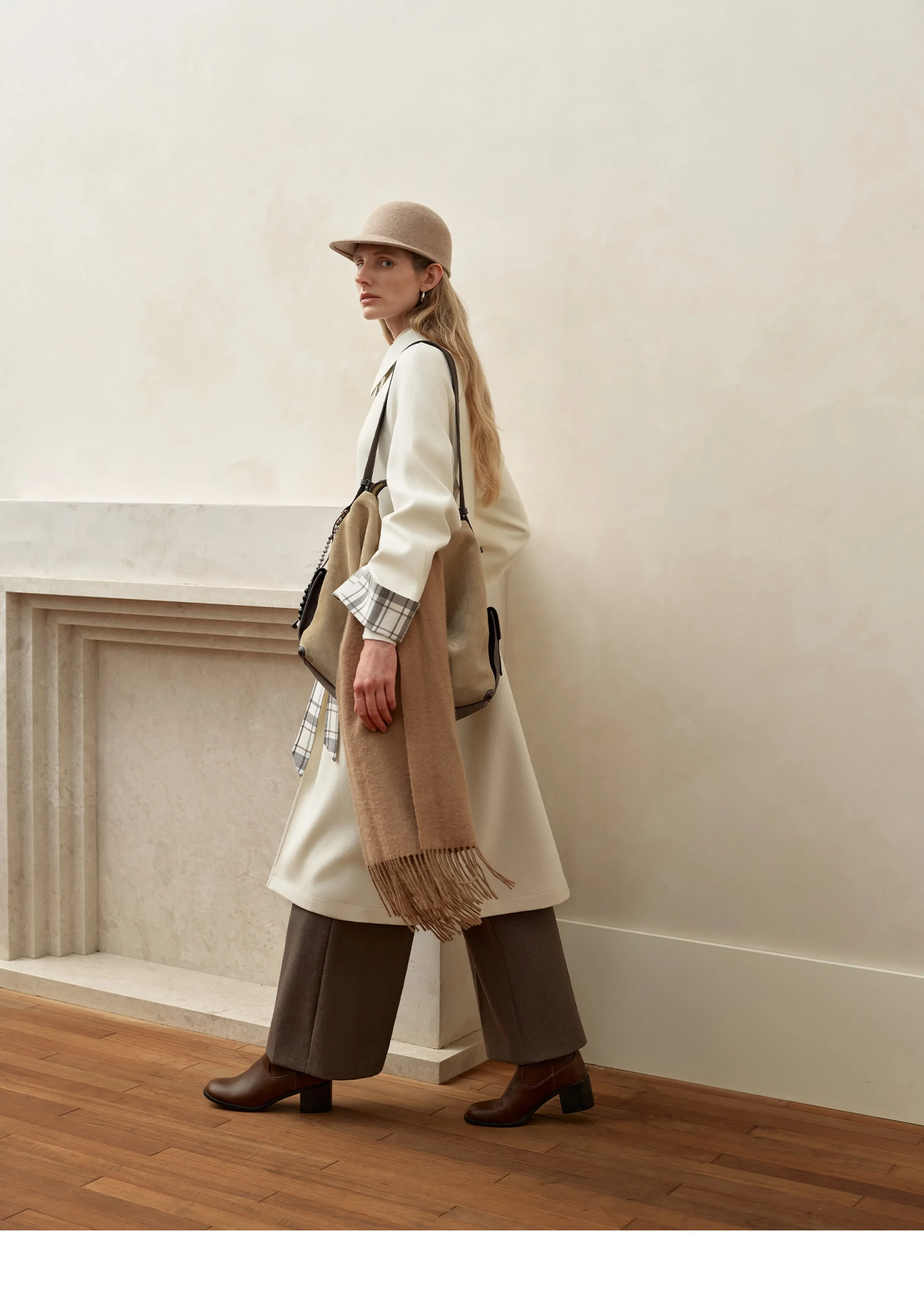 Merino Plaid-Cuff Long Coat - Image 3