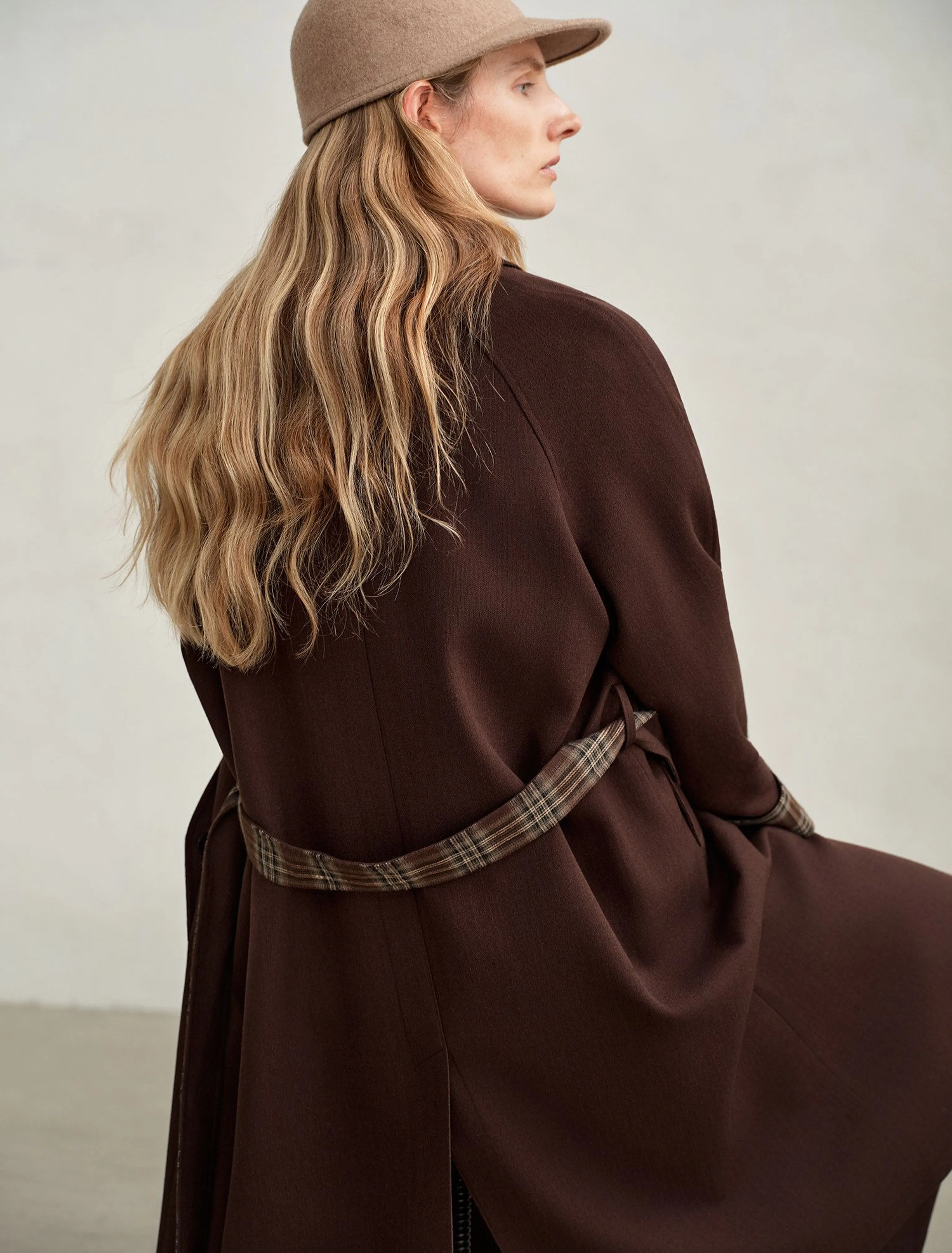 Merino Plaid-Cuff Long Coat - Image 4