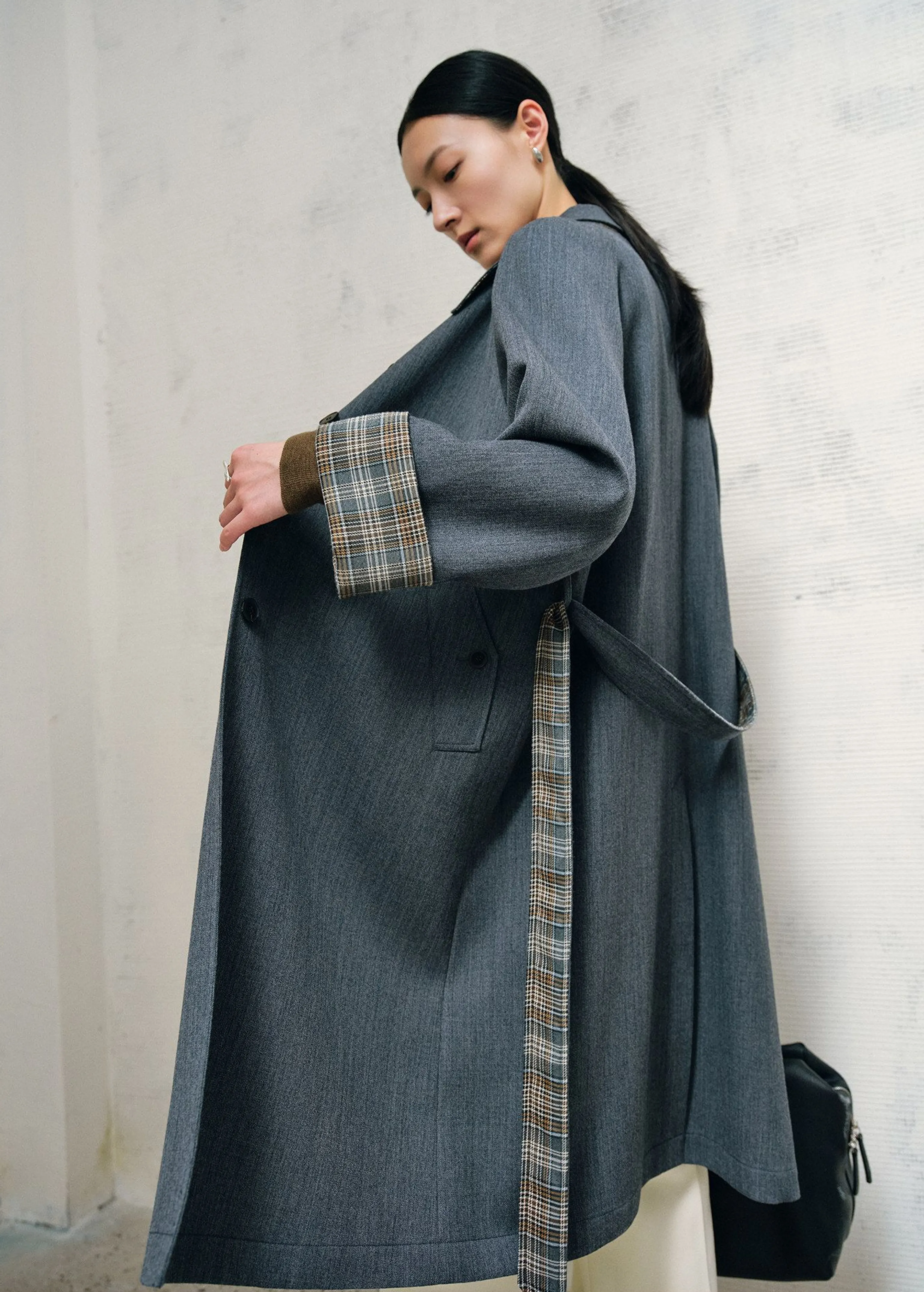 Merino Plaid-Cuff Long Coat - Image 5