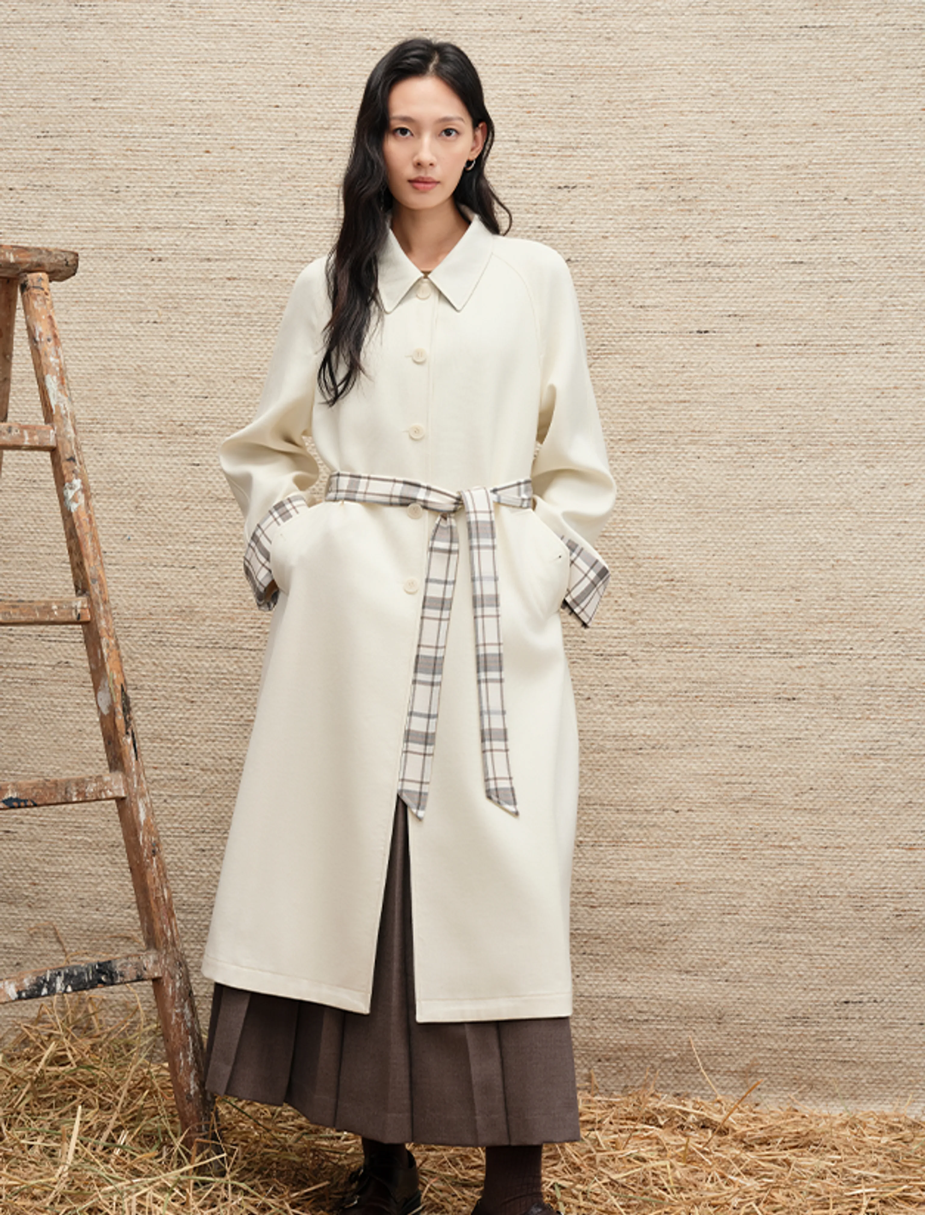Merino Plaid-Cuff Long Coat - Image 6