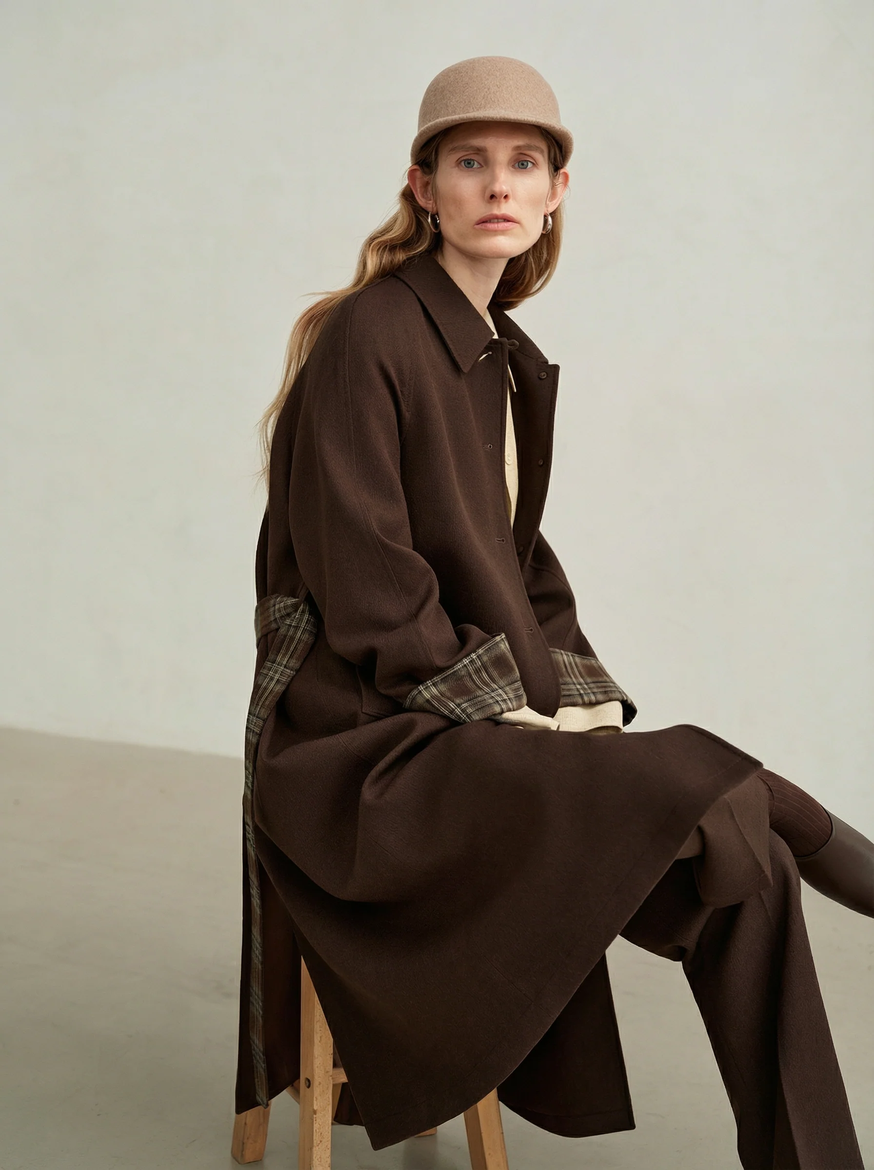 Merino Plaid-Cuff Long Coat - Image 7