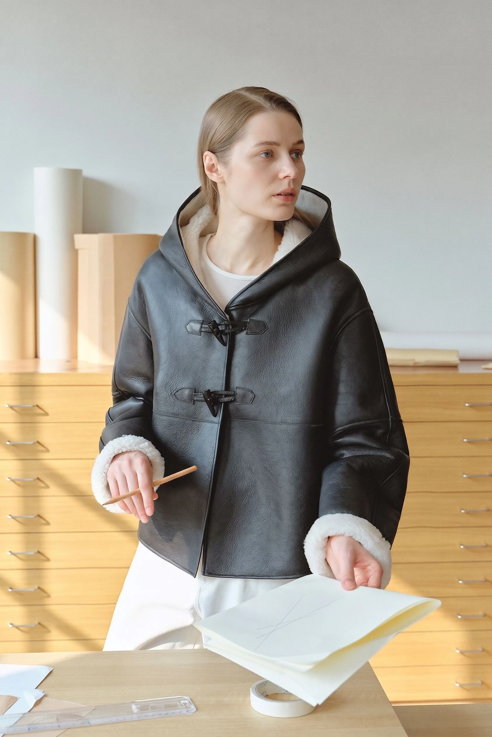 Merino Shearling Hooded Toggle Jacket