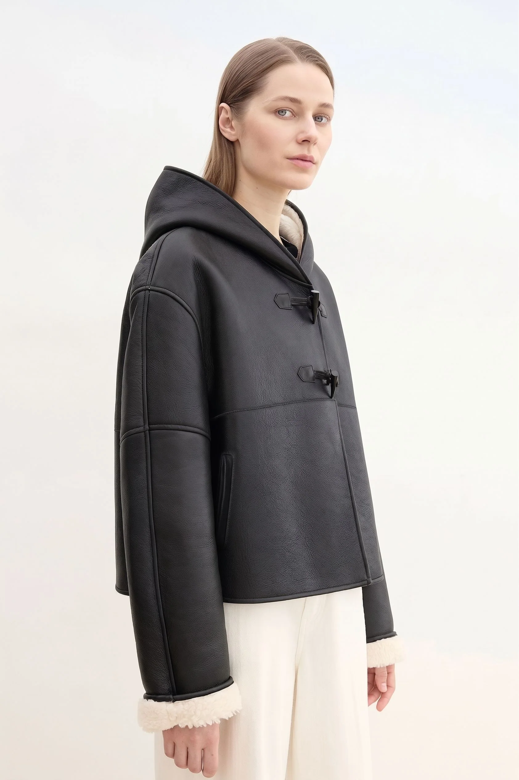 Merino Shearling Hooded Toggle Jacket - Image 3
