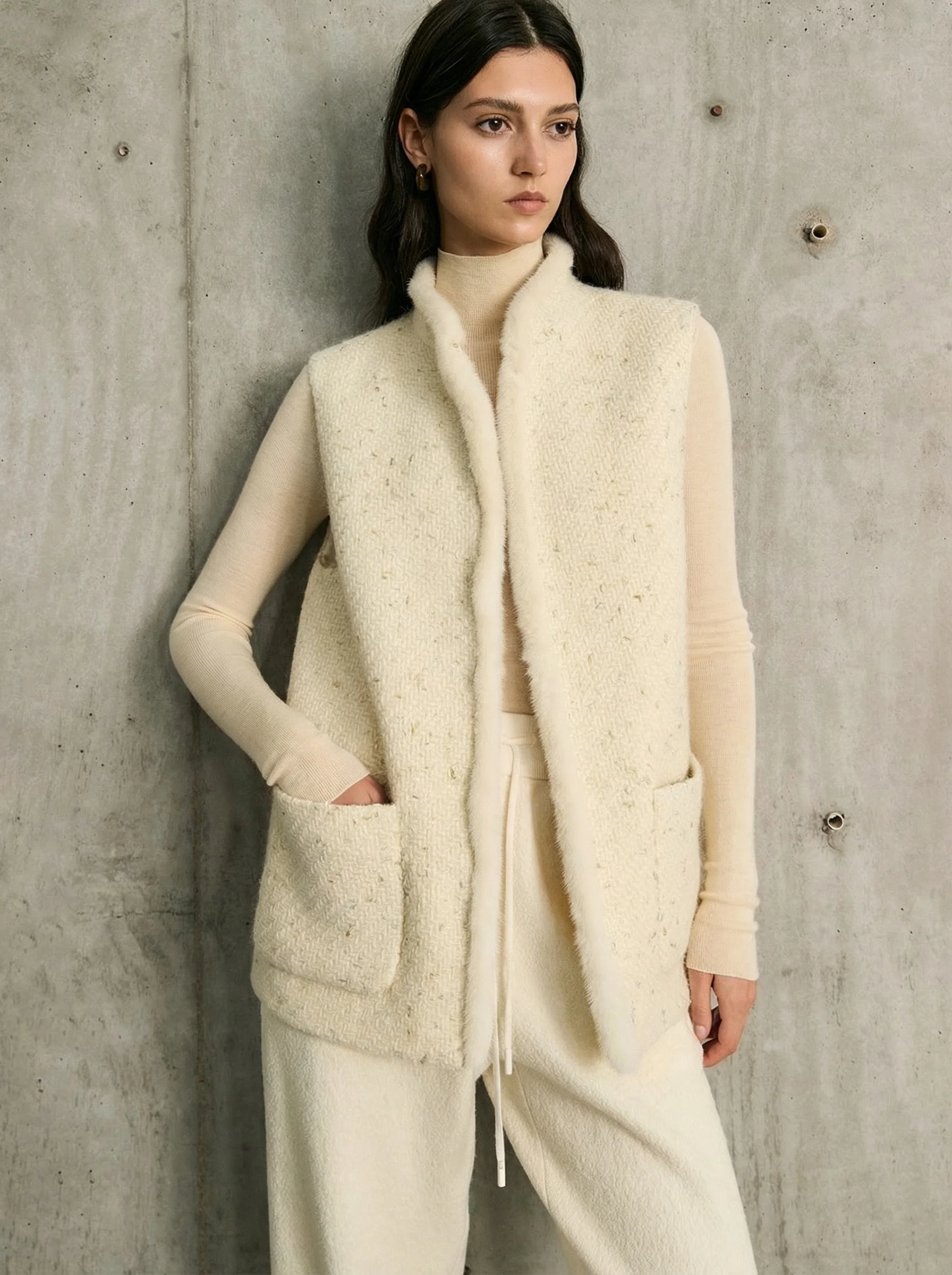 Merino Tweed Mink-Trim Stand-Collar Vest