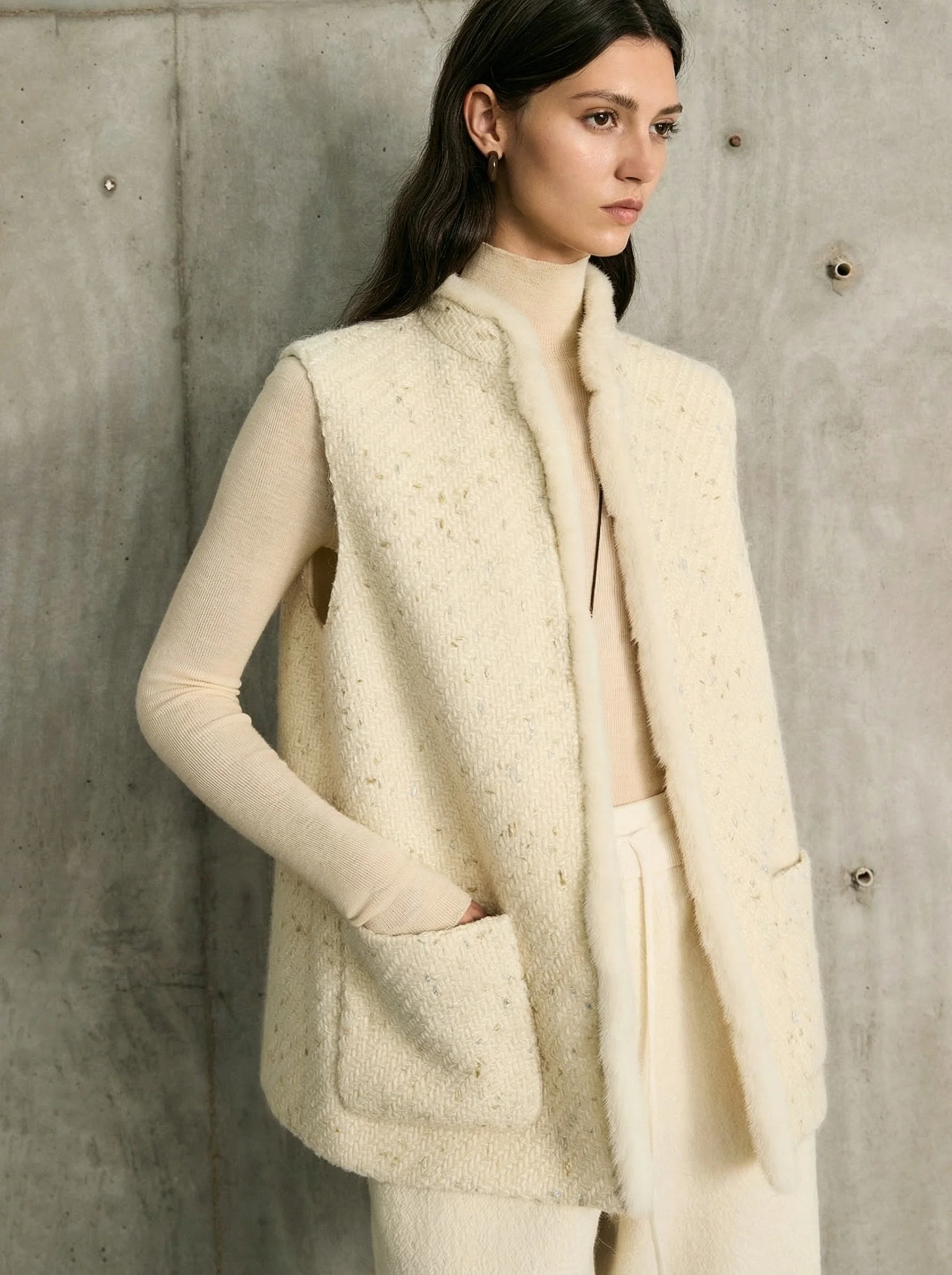 Merino Tweed Mink-Trim Stand-Collar Vest - Image 2