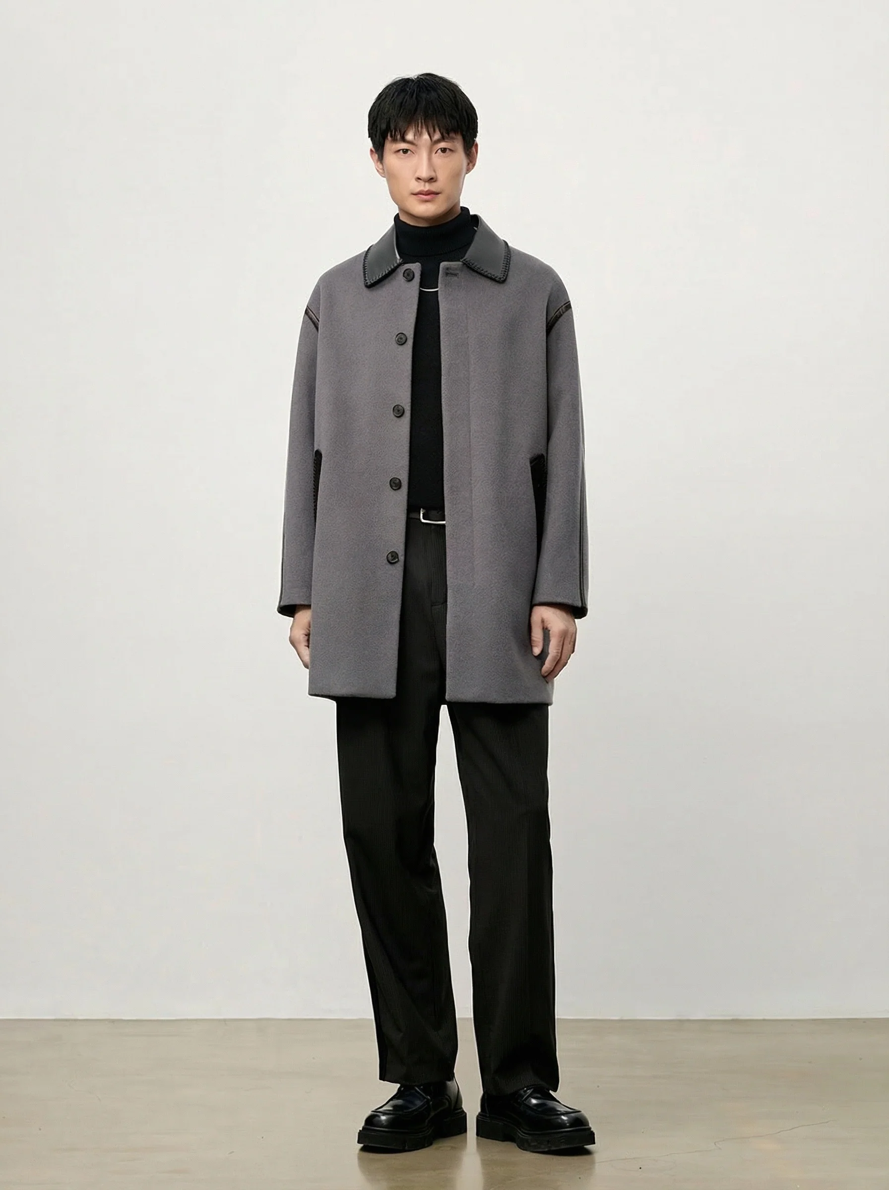Merino Wool Leather-Trim Overcoat