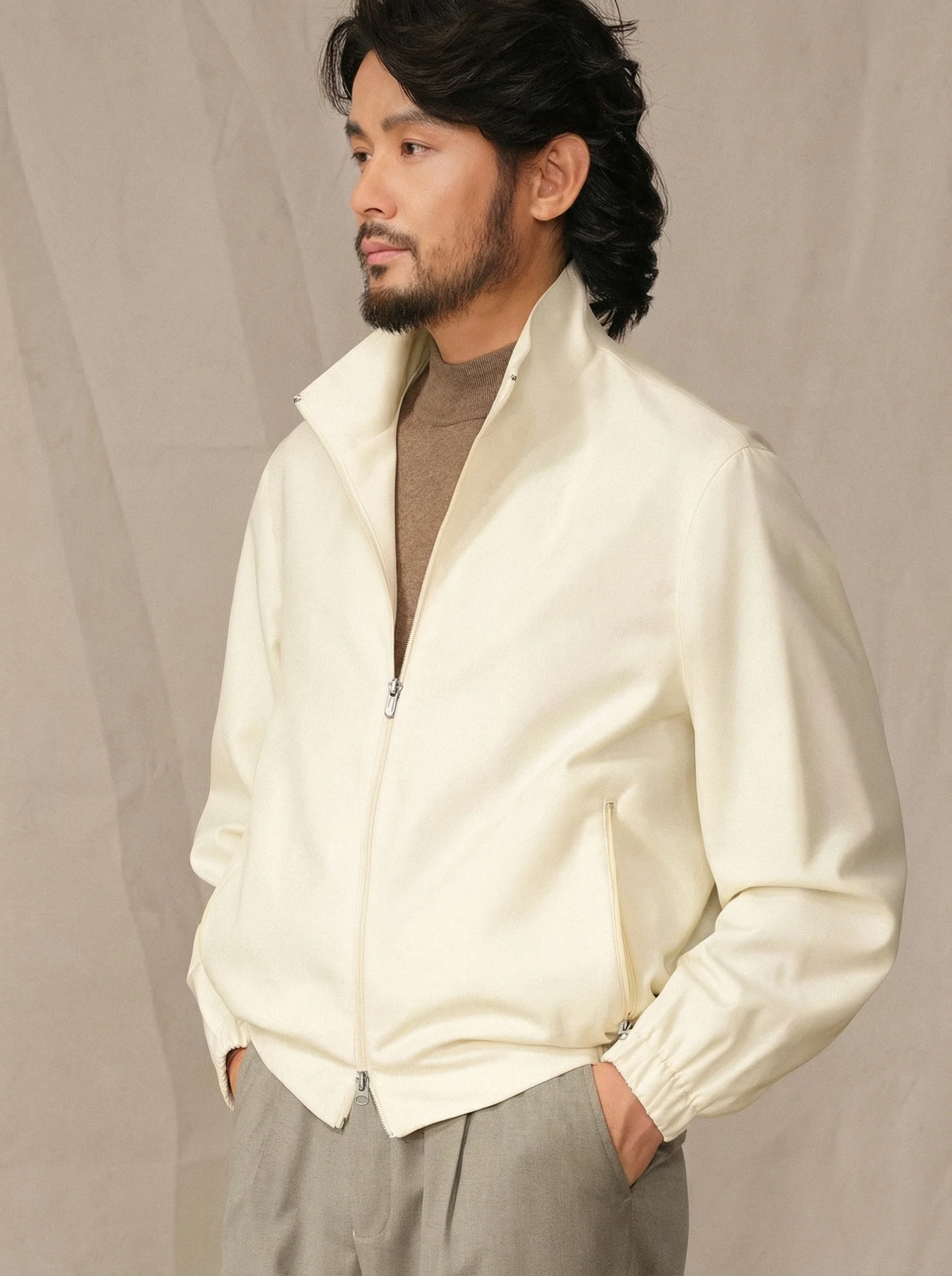 Merino Wool Stand Collar Zip Jacket