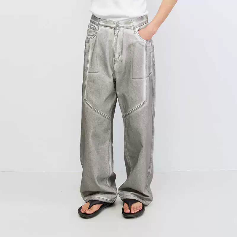Metallic Gray Wide-Leg Trousers