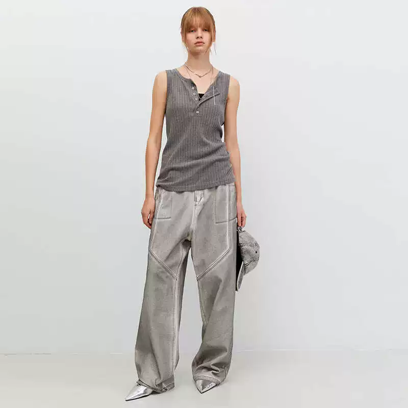 Metallic Gray Wide-Leg Trousers - Image 2
