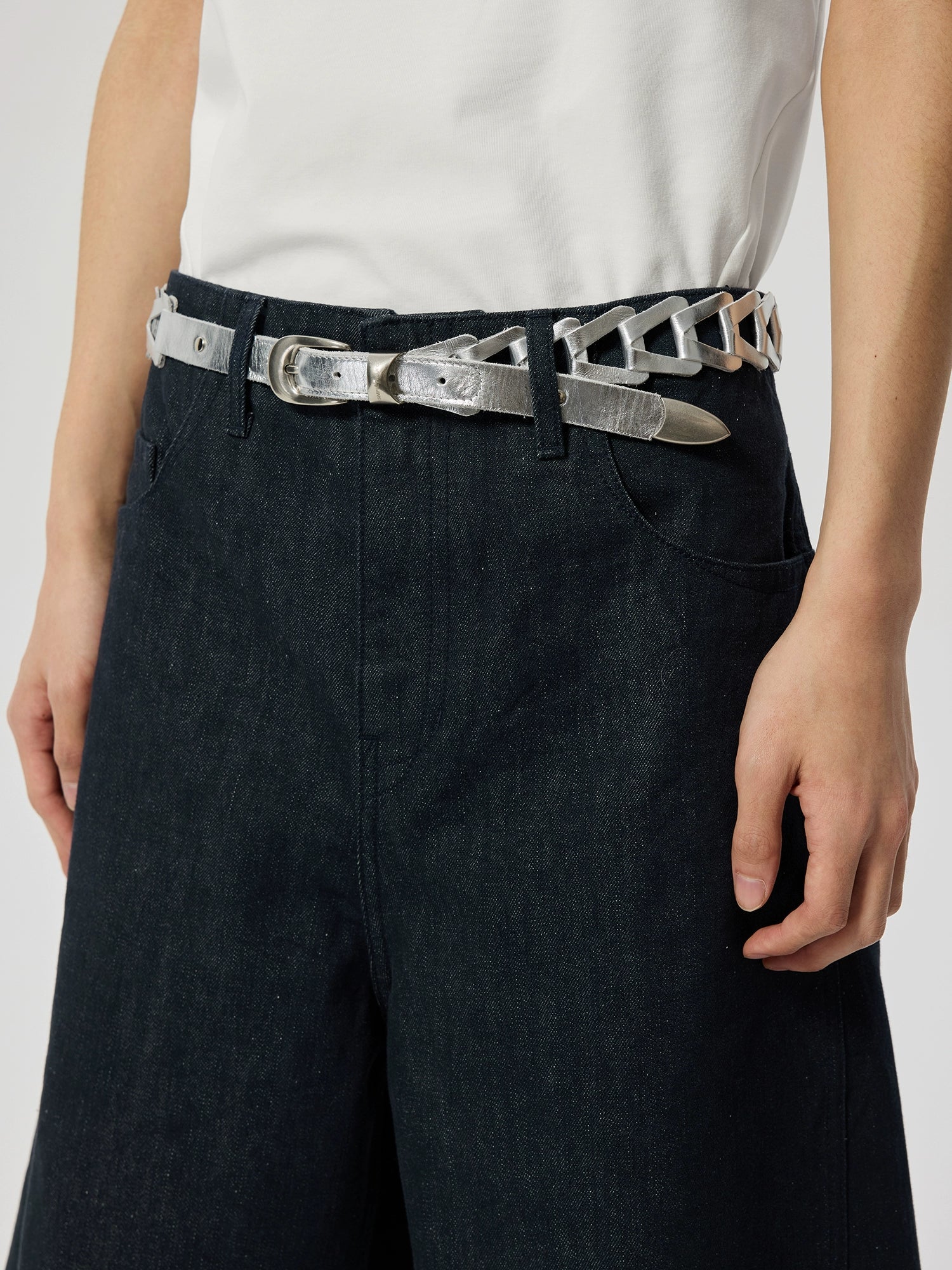 Metallic Silver Braided Leather Belt