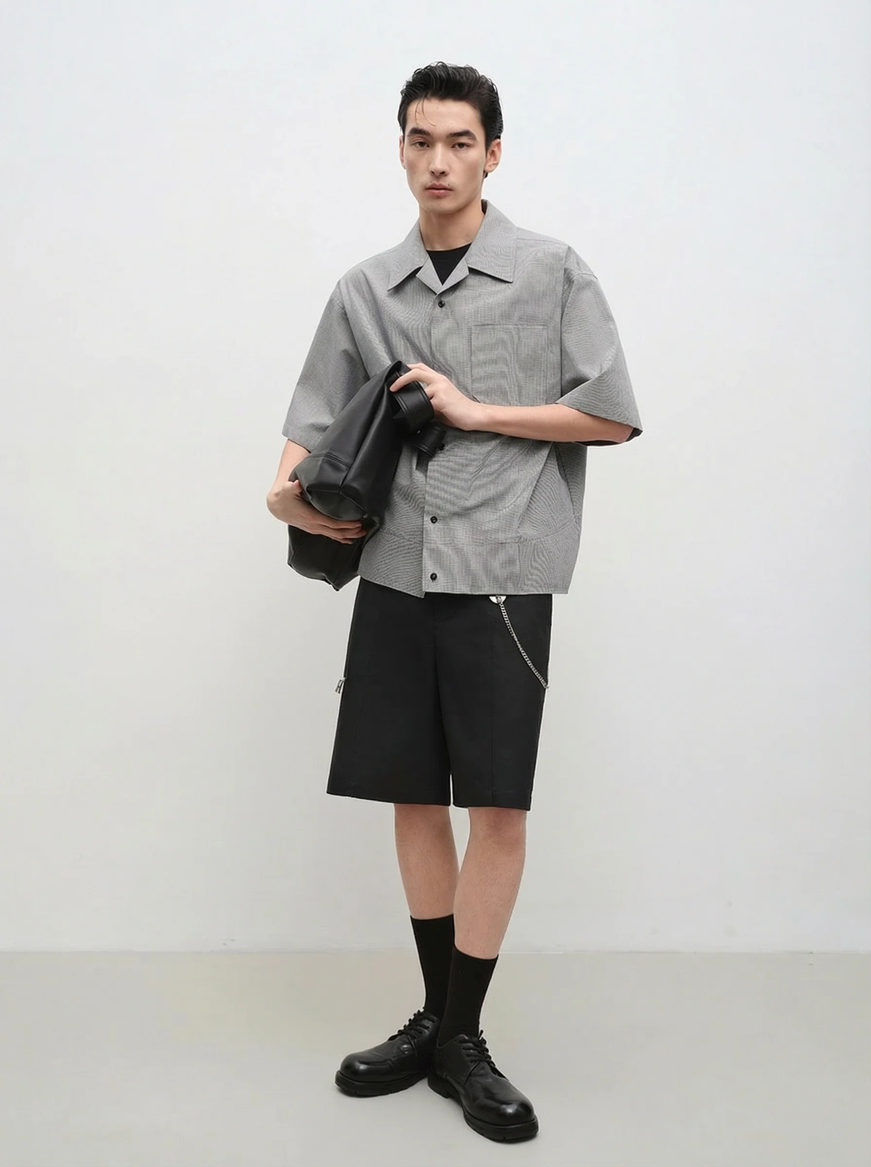 Micro-Check Cuban-Collar Short Sleeve Shirt