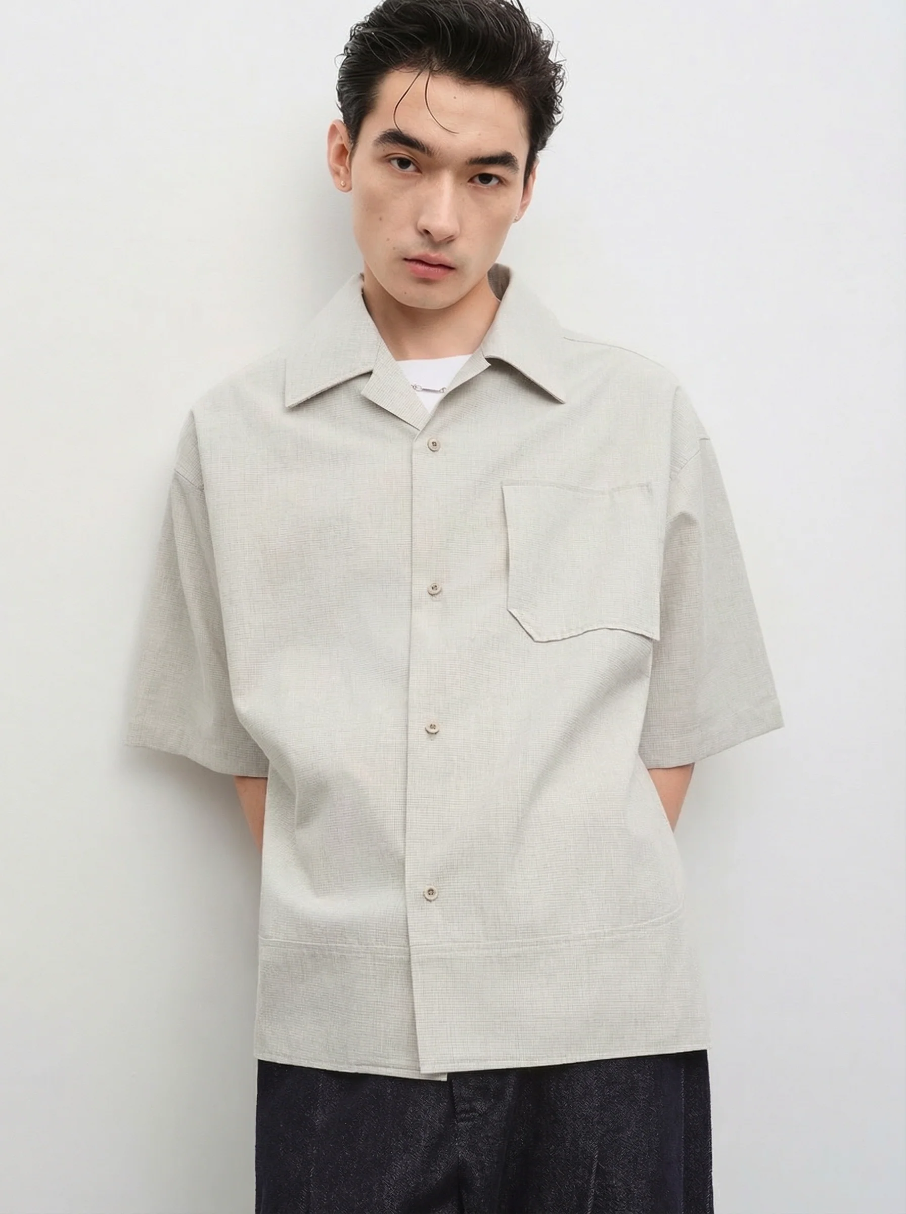 Micro-Check Cuban-Collar Short Sleeve Shirt - Image 2