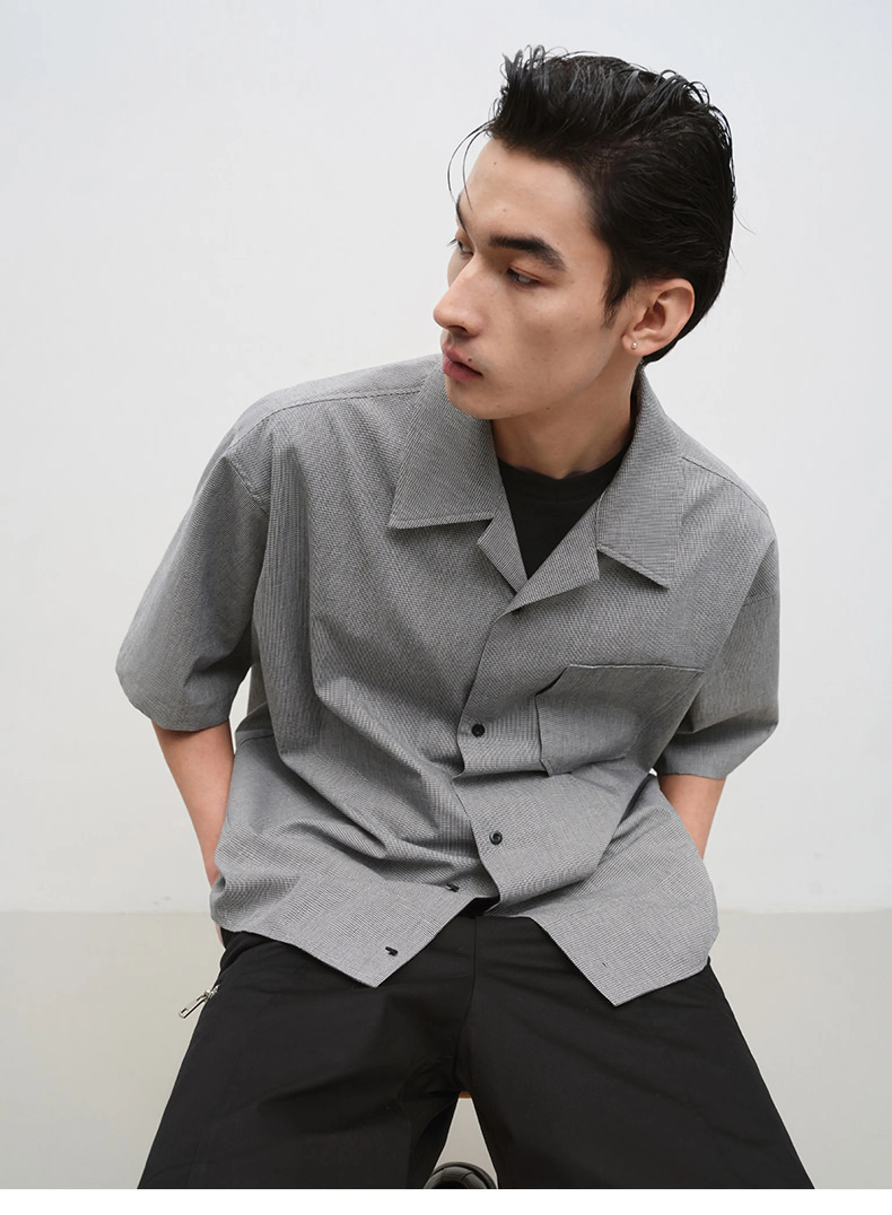 Micro-Check Cuban-Collar Short Sleeve Shirt - Image 3