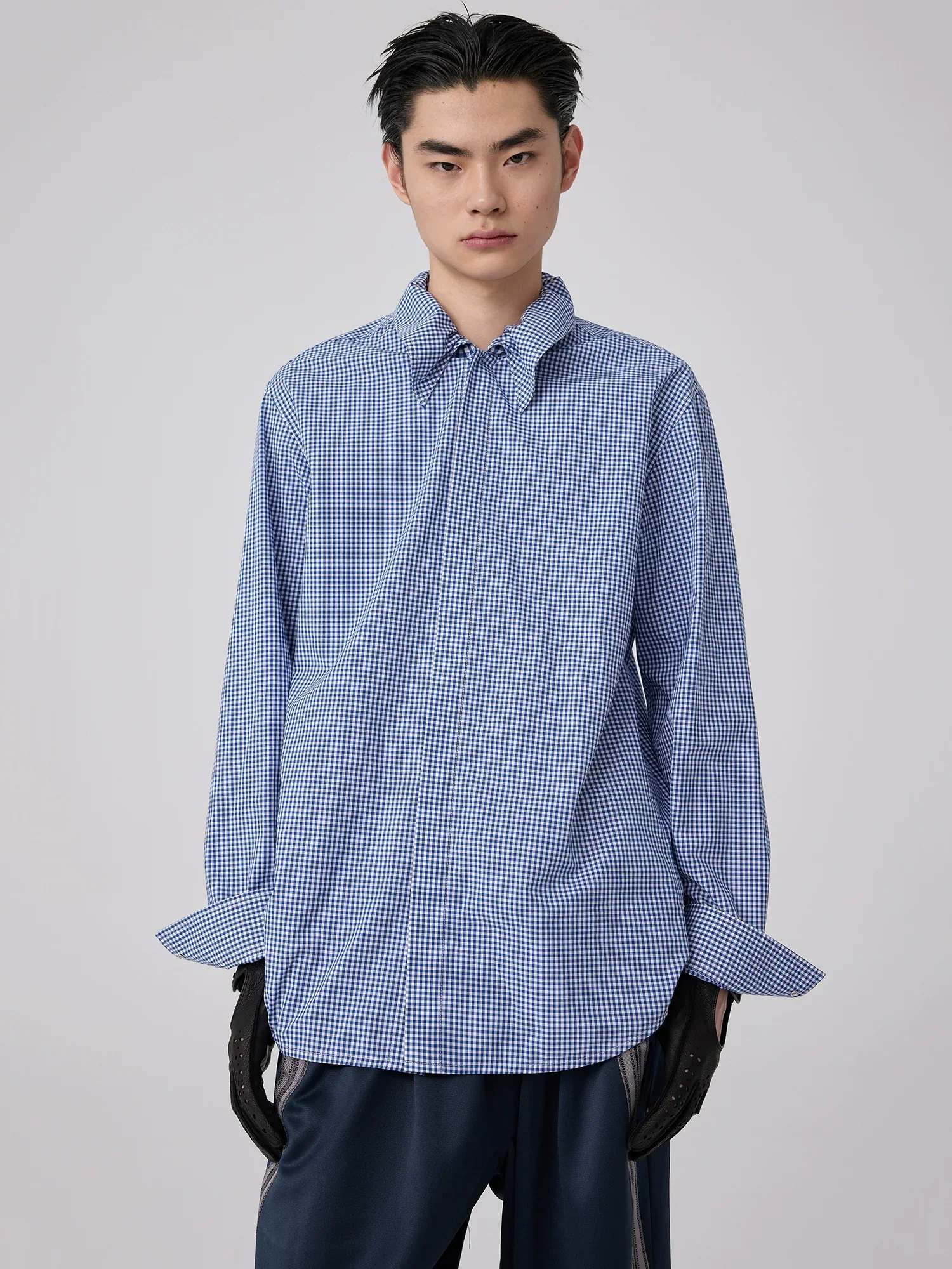 Micro Gingham Tie-Collar Shirt