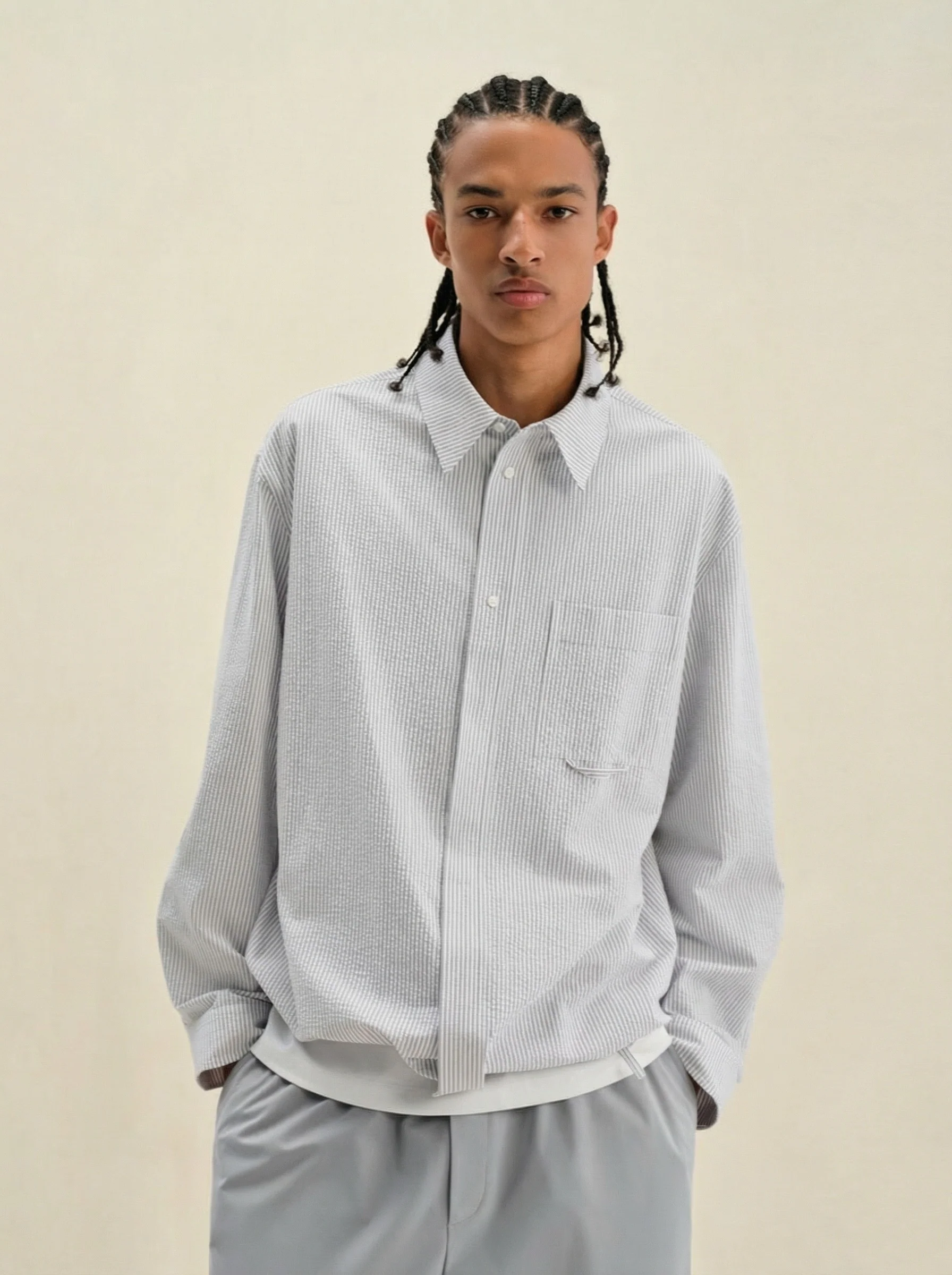 Micro-Stripe Cotton Drawstring Shirt