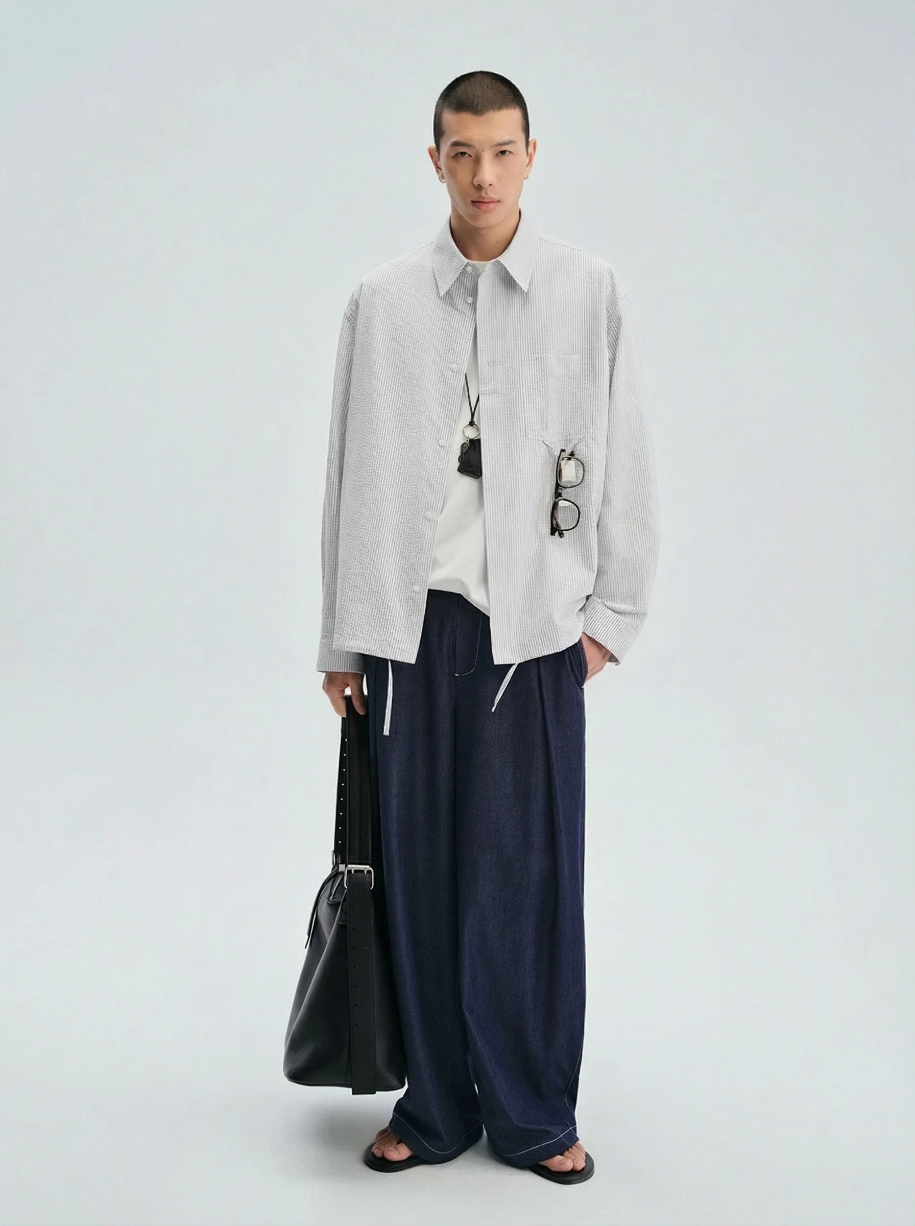 Micro-Stripe Cotton Drawstring Shirt - Image 3