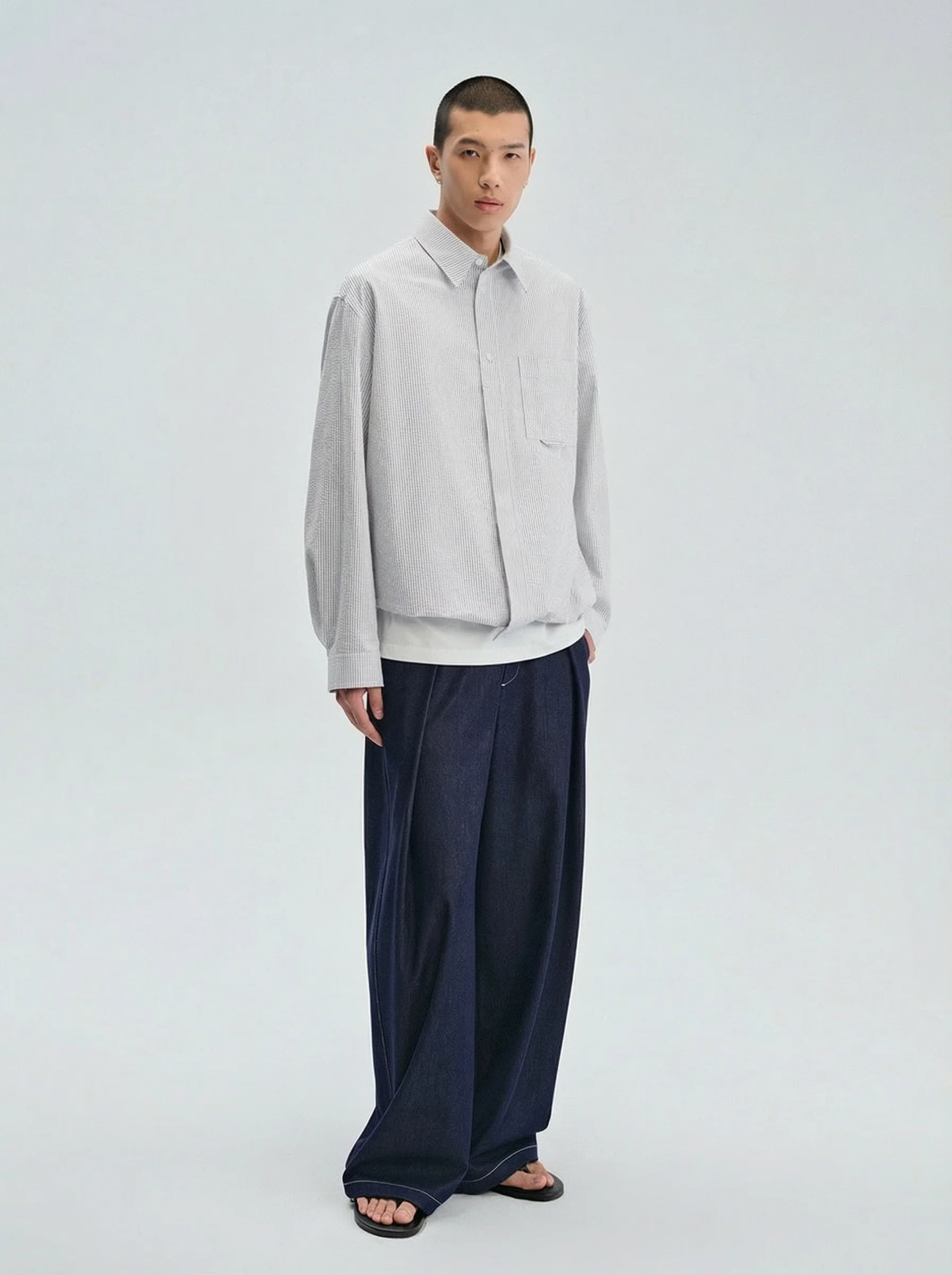 Micro-Stripe Cotton Drawstring Shirt - Image 4