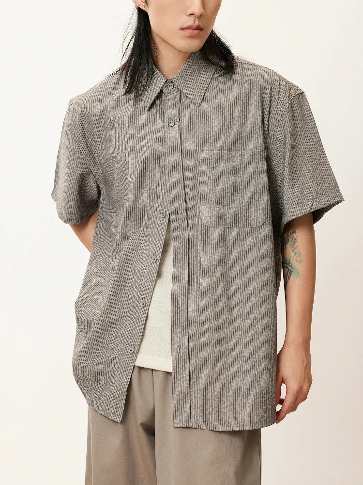Micro-Stripe Relaxed Short-Sleeve Shirt