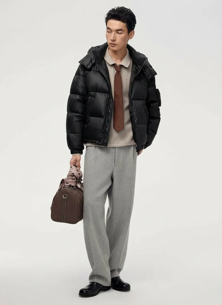 Micro-Textured Hooded Down Puffer