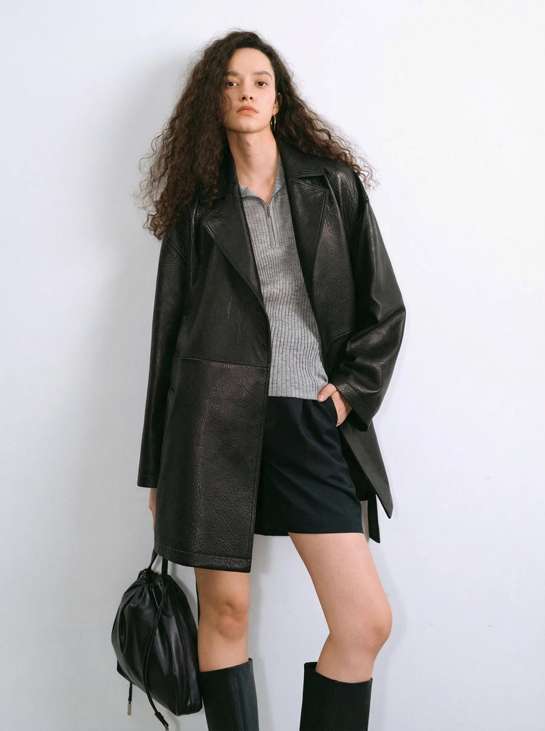 Mid-Length Bubble-Texture Belted Leather Coat