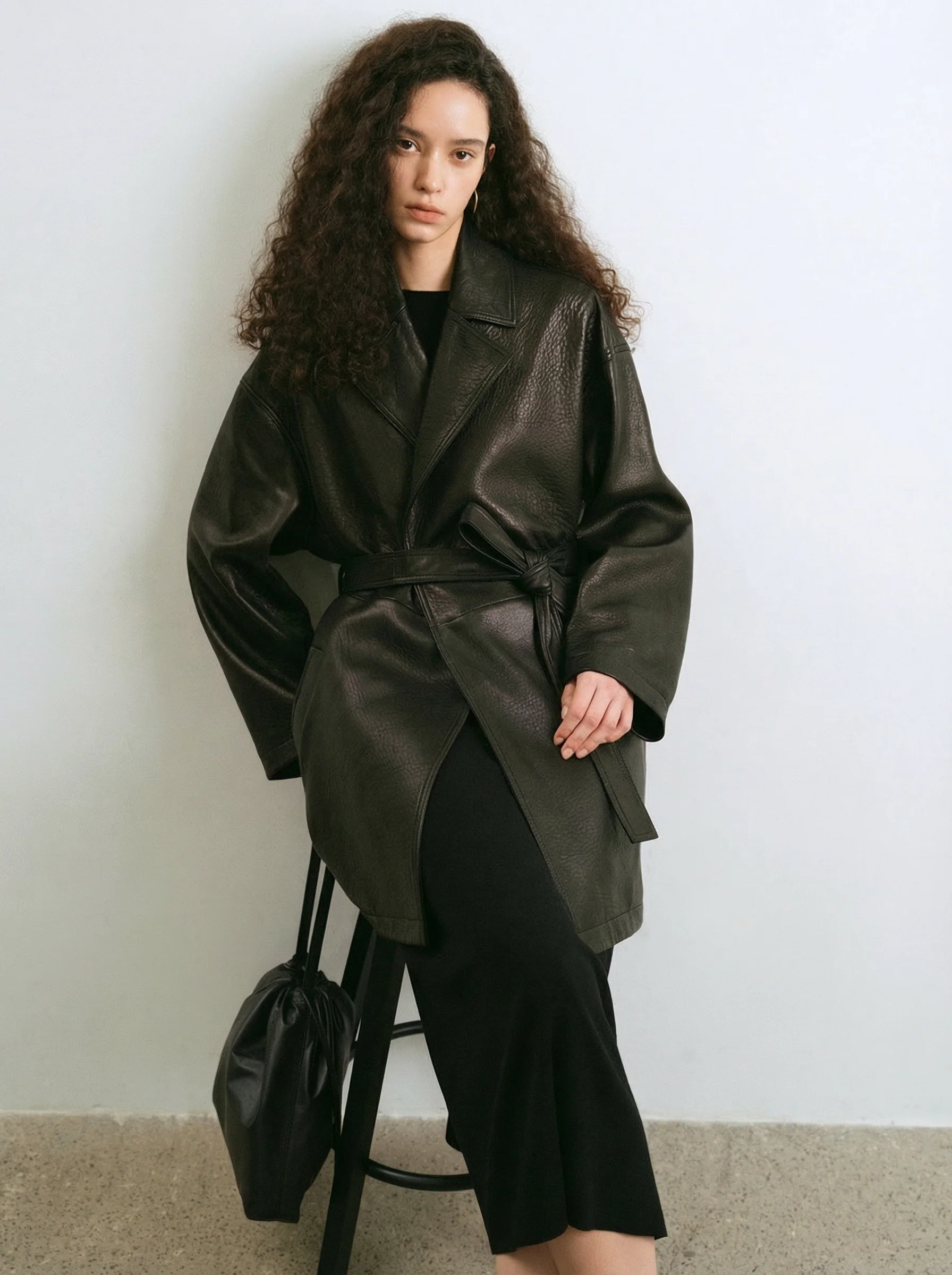 Mid-Length Bubble-Texture Belted Leather Coat - Image 2