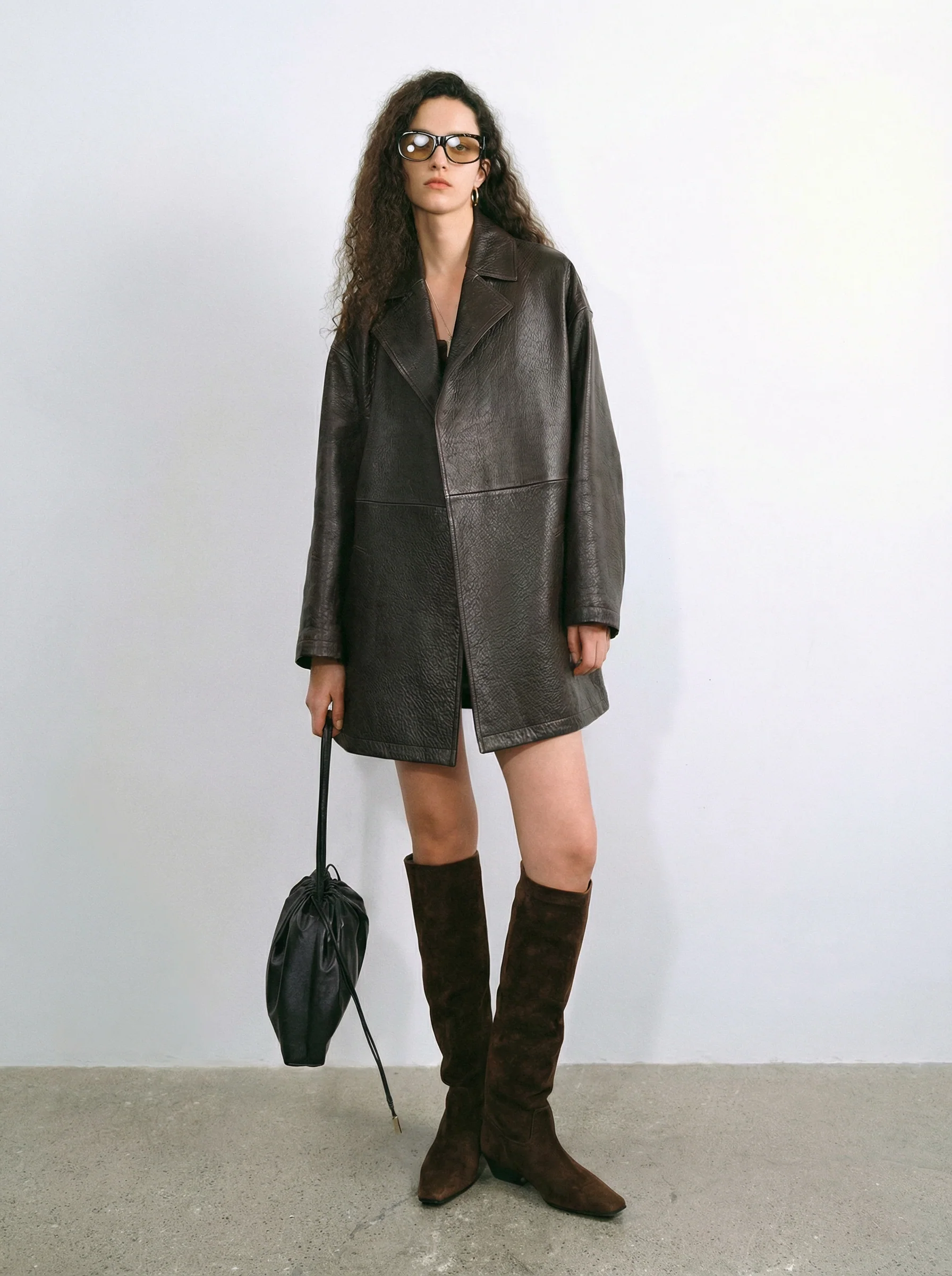 Mid-Length Bubble-Texture Belted Leather Coat - Image 3
