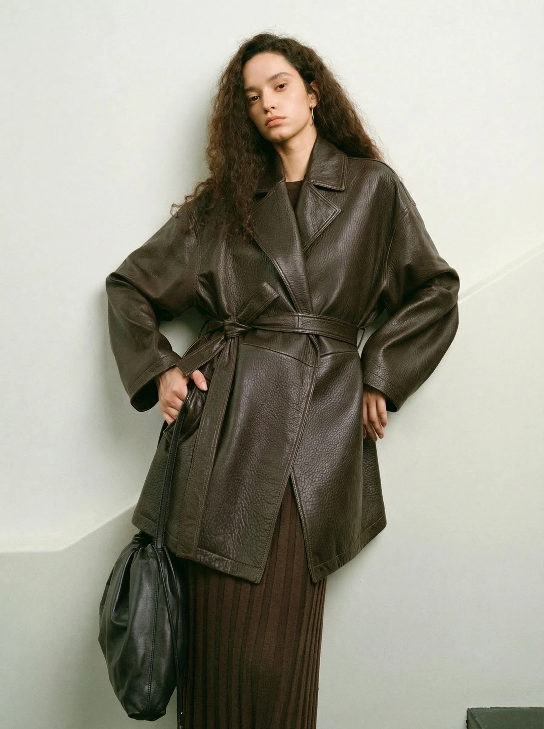 Mid-Length Bubble-Texture Belted Leather Coat - Image 4
