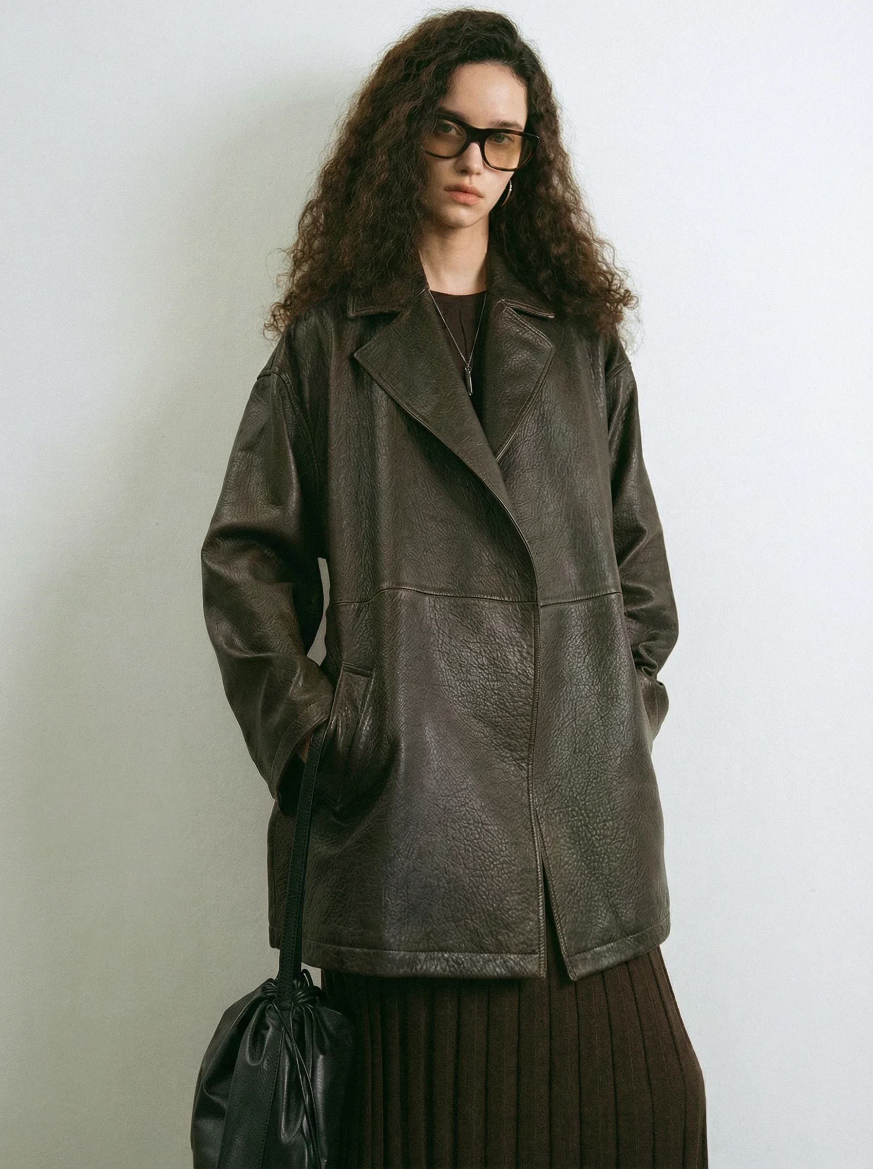 Mid-Length Bubble-Texture Belted Leather Coat - Image 5