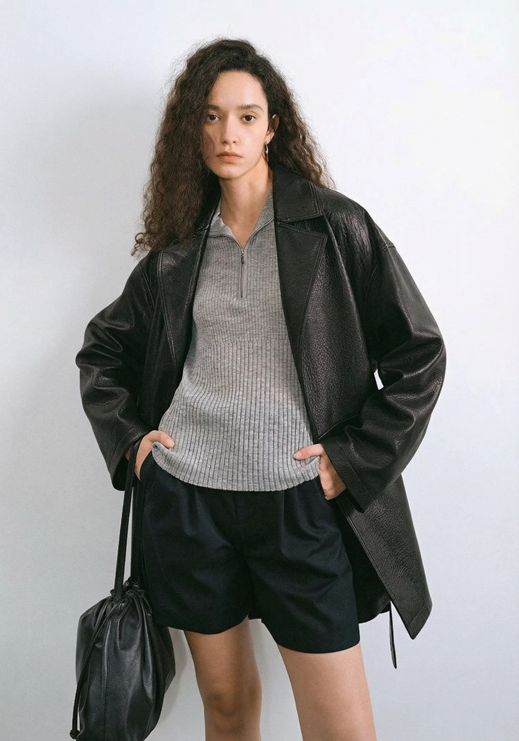 Mid-Length Bubble-Texture Belted Leather Coat - Image 6